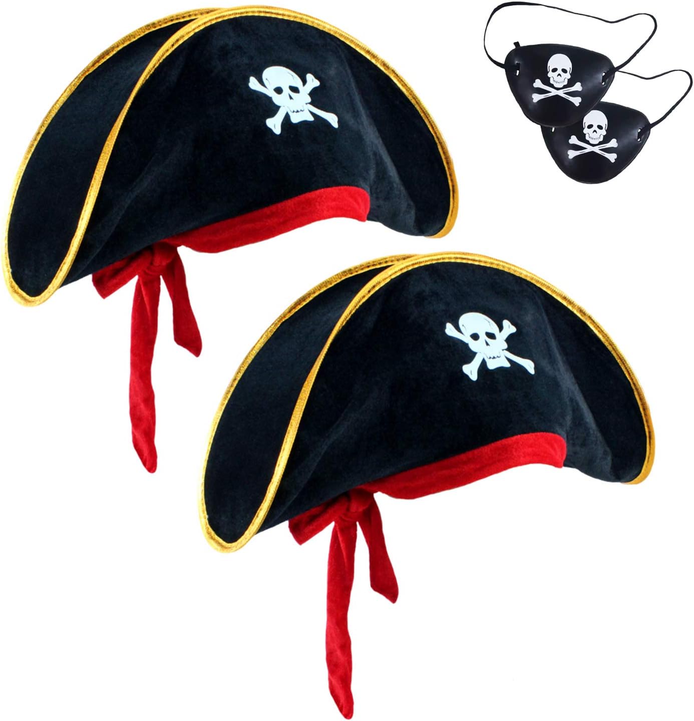 2 Pieces Pirate Hat Skull Print Pirate Captain Costume Cap - Pirate Accessories Funny Party Hat Caribbean Fancy Dress