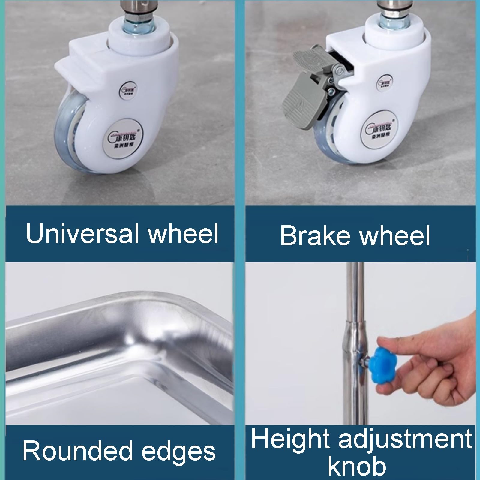 Carrito de laboratorio ajustable de acero inoxidable con ruedas universales para uso en escritorio, altura ajustable para soluciones versátiles de espacio de trabajo