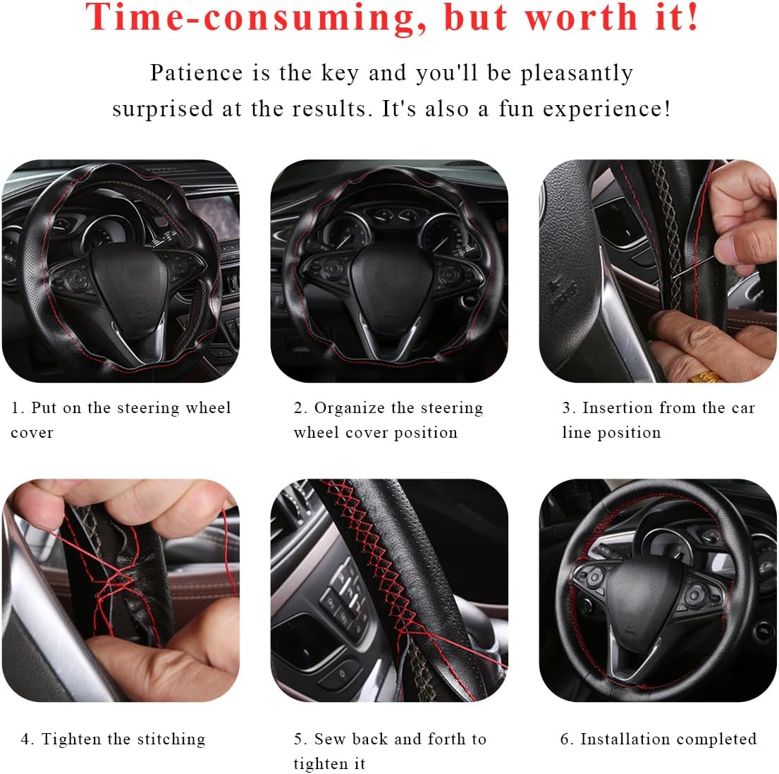 Yourkar Leather Steering Wheel Cover, 15"×15" Breathable Steering Wheel Cover DIY Kit with Needle Thread, Non-Slip Leather Stitch on Wrap Steering Wheel Protector, Car Accessories (Black & Red) image 5