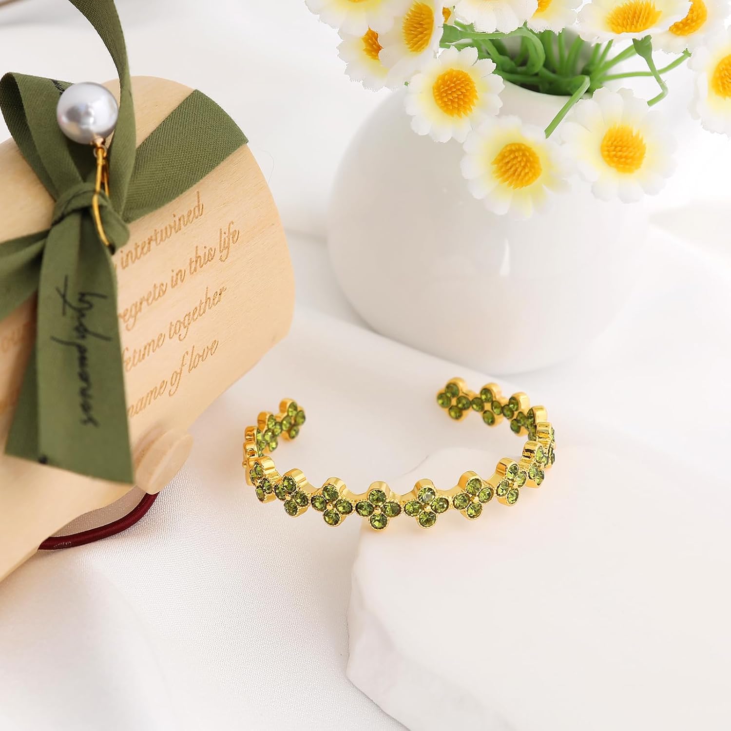 Four Leaf Clover Bracelet Bangle for Women 18K Gold Plated Cubic Zirconia Irish LuckyGreen 4 Leaf Clover Open Chunky Oval Bangle Trendy Jewelry St. Patrick's Day Gifts - Image 2