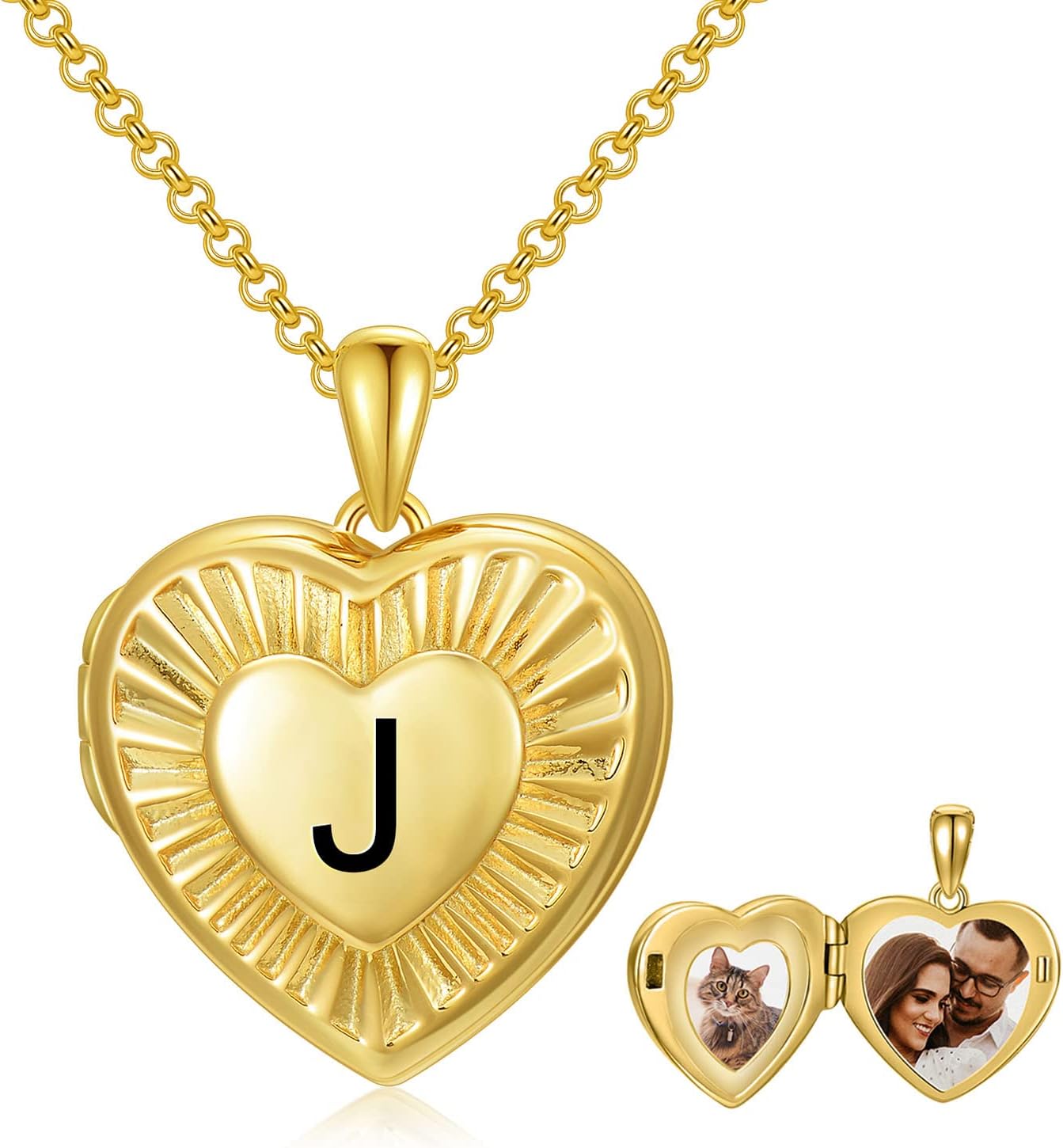 SOULMEET 10K 14K 18K Solid Yellow Gold/Plated Gold Locket Radiation Initial Heart Locket Necklace that Holds Pictures Personalized Photo Locket Necklace Alphabet A-Z