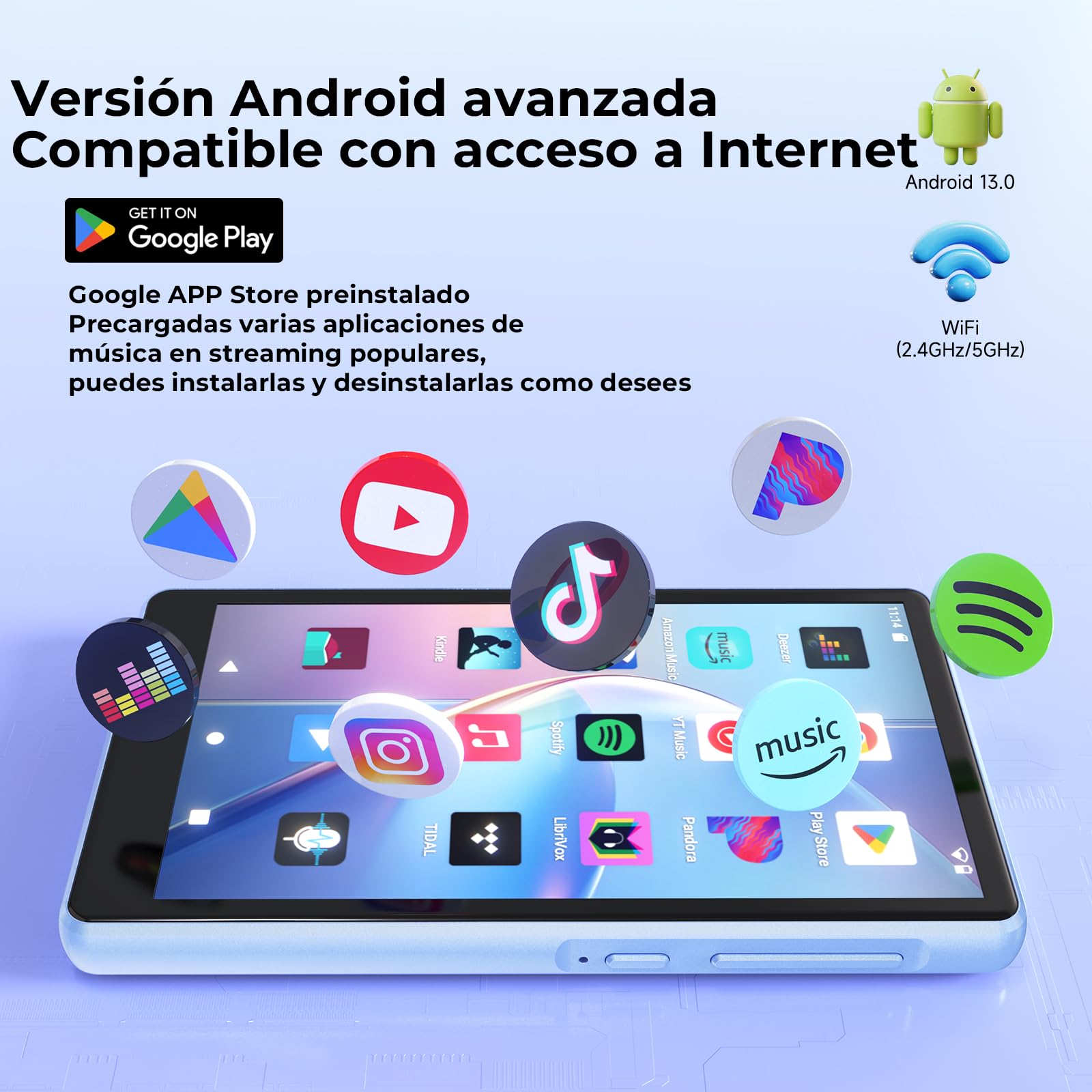 Androide Reproductor MP3 Spotify Bluetooth y Wi-FI, 96GB Reproductor música | con pantalla táctil de 4,5" para niños,con Pandora, Amazon Music, Android 13 MP4 y MP3 Reproductor batería de 2000mah