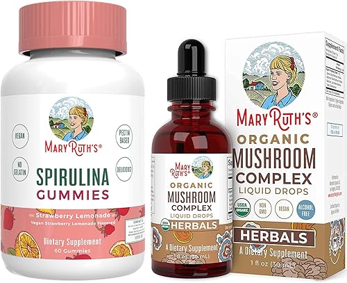 Paquete de gomitas de espirulina y gotas líquidas de complejo de hongos orgánicos USDA MaryRuths Spirulina orgánica Gomitas de superalimentos