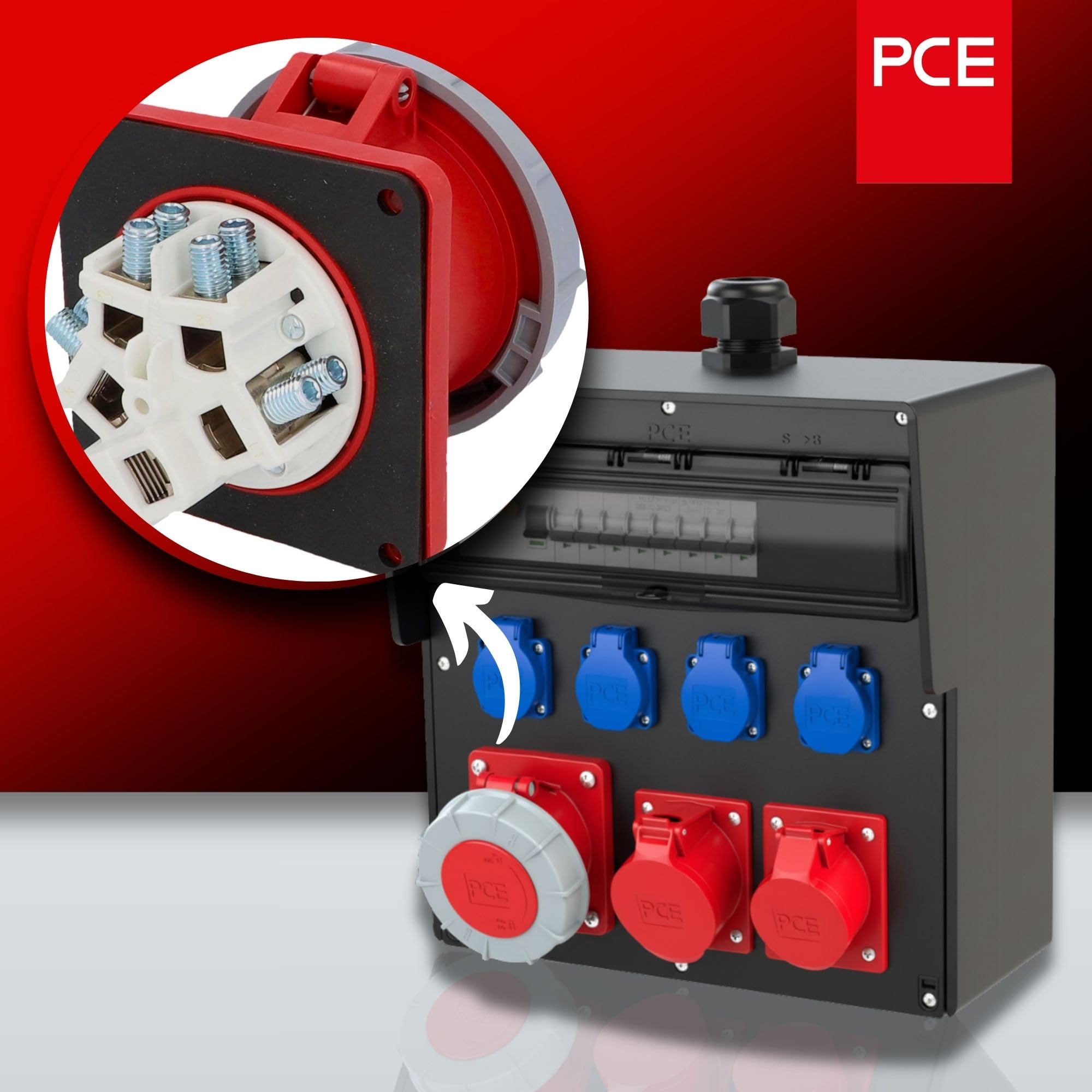 PCE Gniazdo CEE 125A 5p 400V IP67, Puszka Montażowa Prosta Power Twist | Wytrzymałe złącze przemysłowe 120x120 mm, obudowa PA6, styki lamelowe mosiężne, odporność na wodę i pył