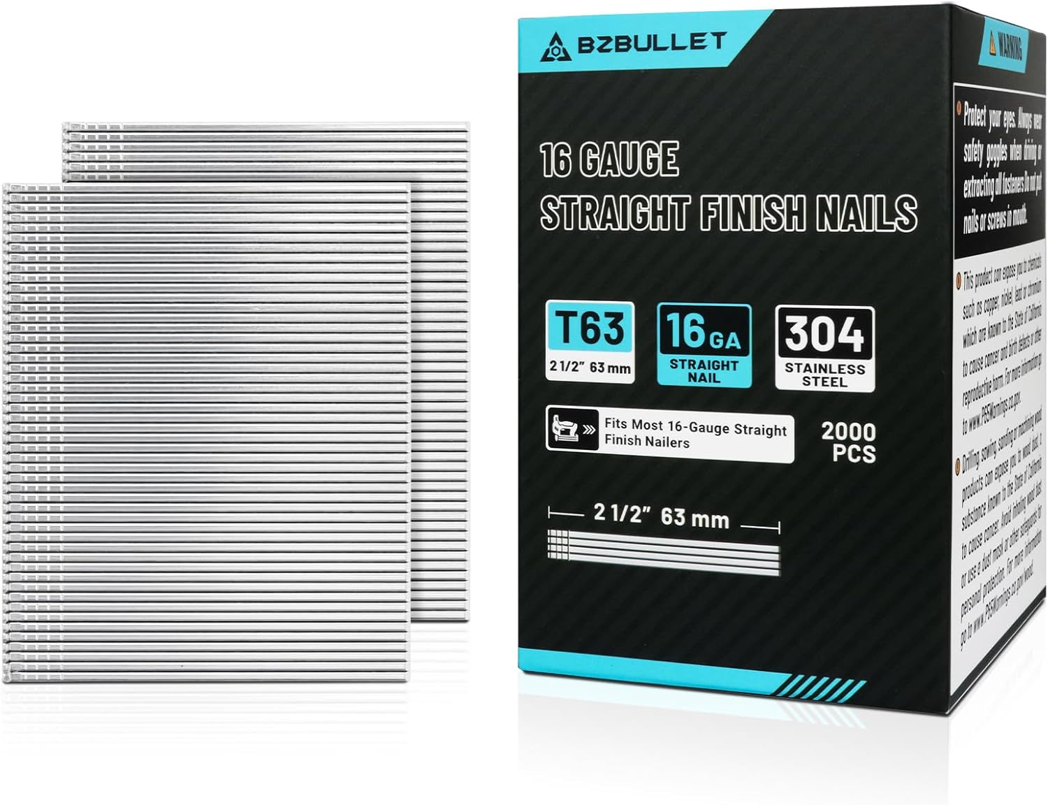 16 Gauge 1 Inch (25mm) Finish Nails, 304 Stainless Steel, Anti-Rust for Trim & Molding, Fits Most Straight Finish Nailers (1 Box of 2000 Count)