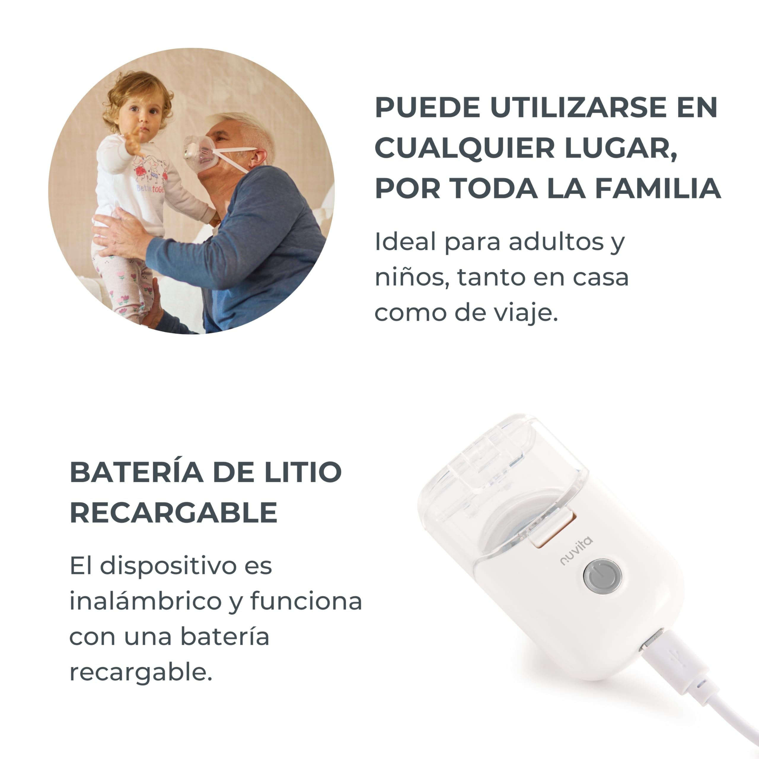 Aerosol Nuvita 5078 Wearable MESH - Manos libres, ligero, silencioso, autolimpiable con batería recargable