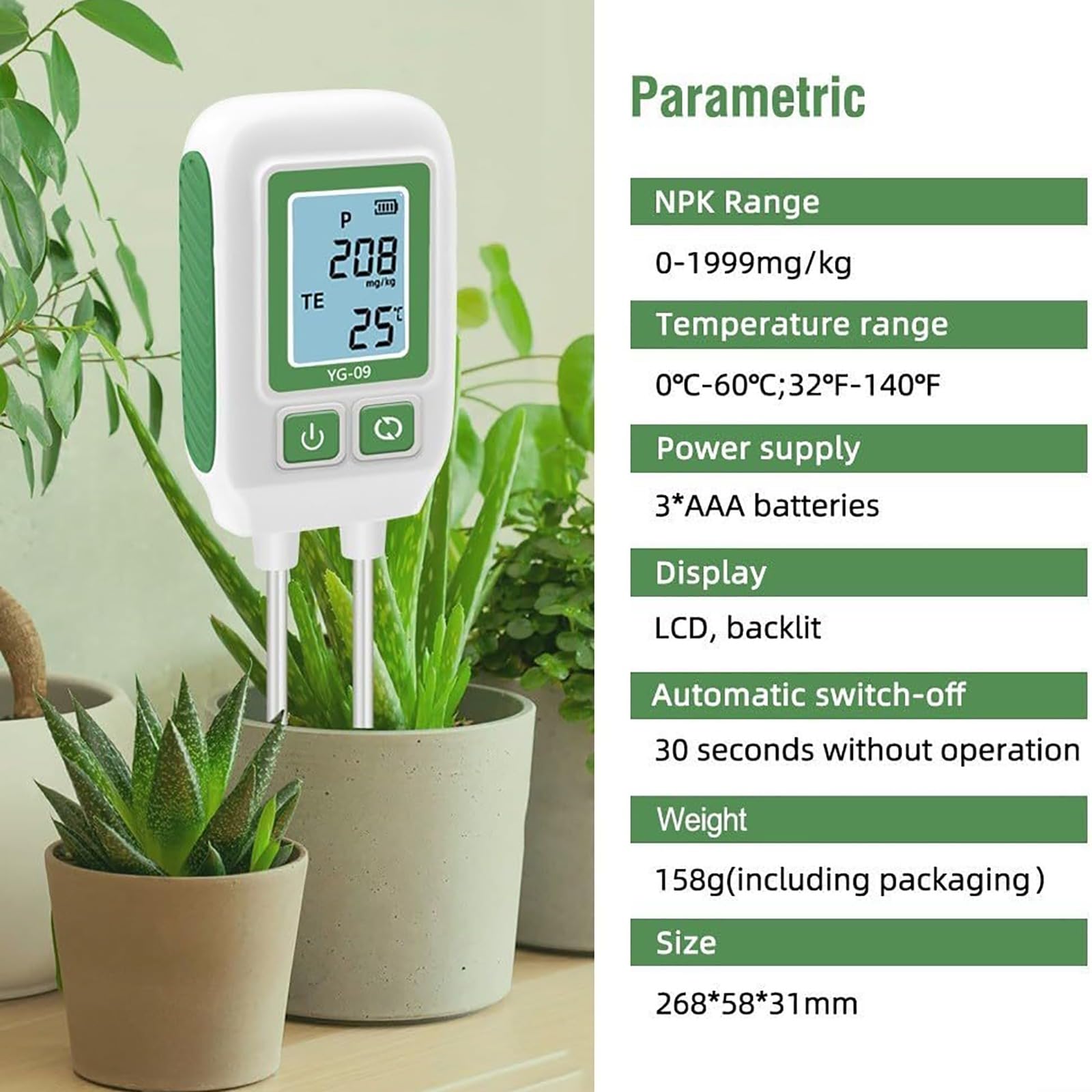 Medidor de suelo, sensor de temperatura digital NPK con LCD, rango NPK 0-1999 mg/kg, rango de temperatura de 0°C-60°C, apagado automático para pruebas de suelo