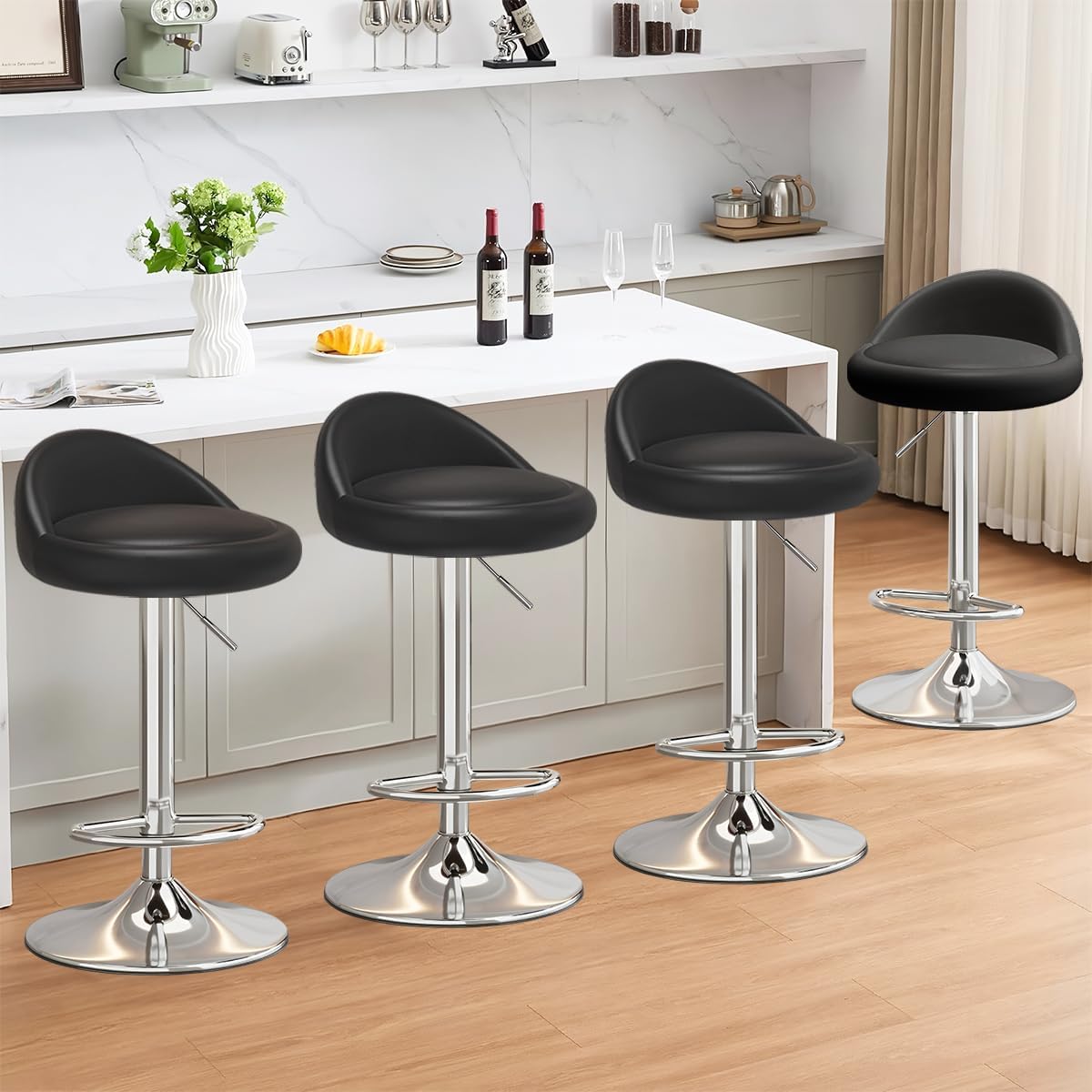 Bar Stools Set of 4, PU Leather Swivel Adjustable Bar Chairs with Low Back,Upholstered Counter Height Barstools for Kitchen Island, Dining Room