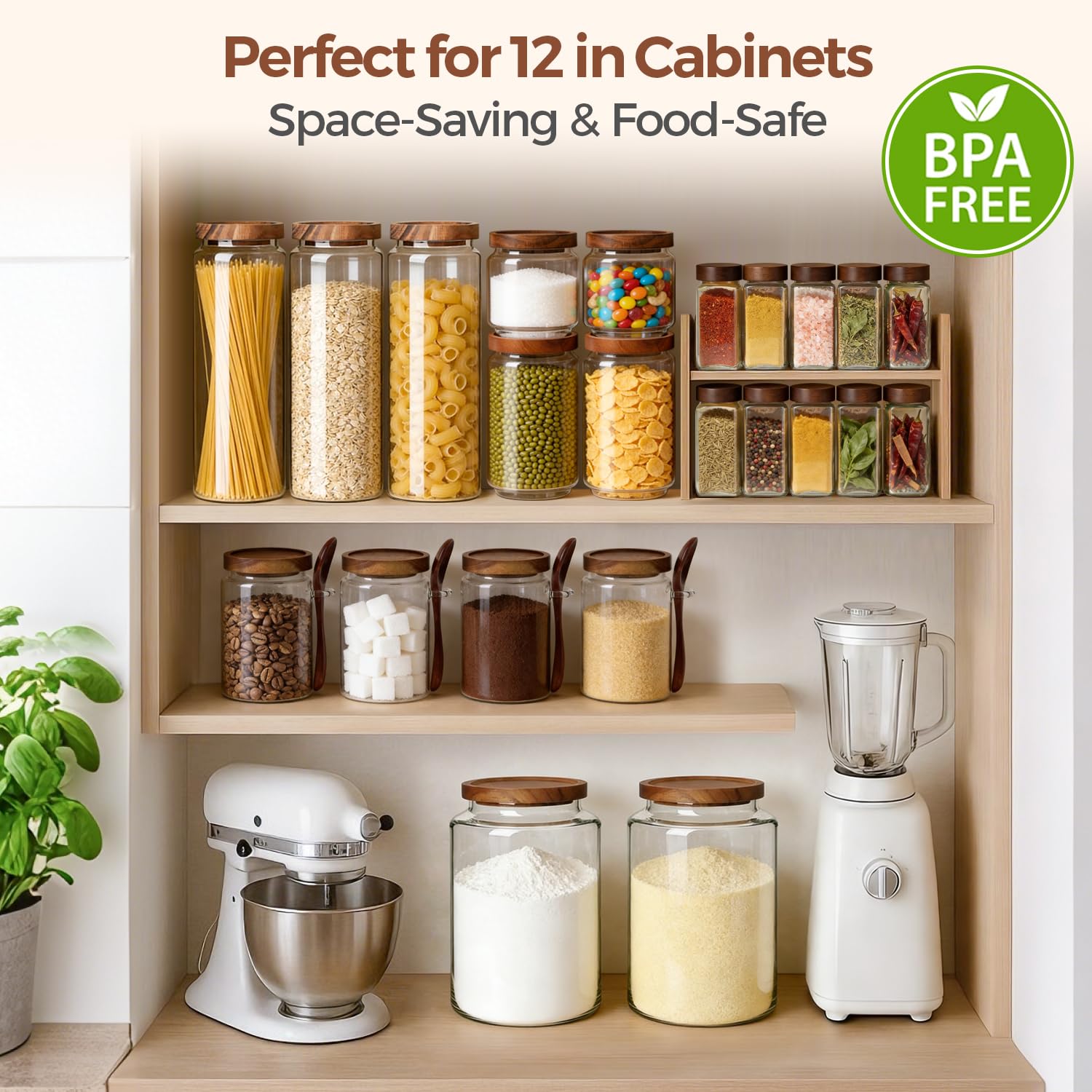 ComSaf Set di 6 contenitori ermetici in vetro con coperchi (0,48 Qt/0,88 Qt), contenitori per alimenti da cucina, dispensa, barattoli di vetro per farina, cereali, zucchero, tè, chicchi di caffè
