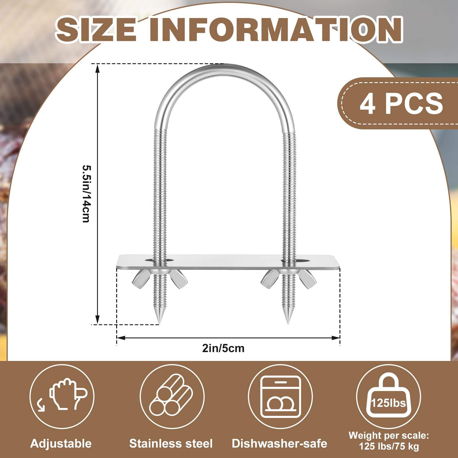 Confezione da 4 forchette per girarrosto in acciaio inox, bulloni a U per spina dorsale di maiale, lunghezza 14 cm, larghezza 5,1 cm, asta per spiedo, accessori per griglia per barbecue