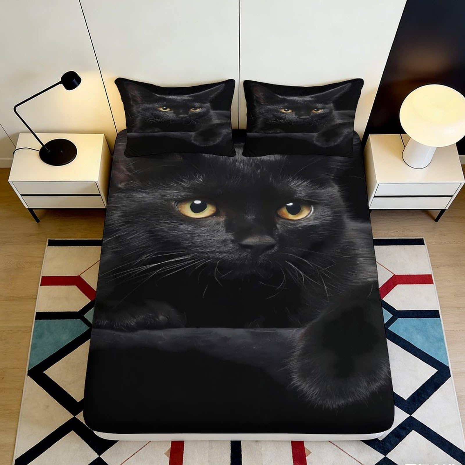 3D Printed Black Cat Fitted Sheet Microfiber Soft Bedroom Decor Animal Face Mattress Cover for Adult Youth 90x200x25cm
