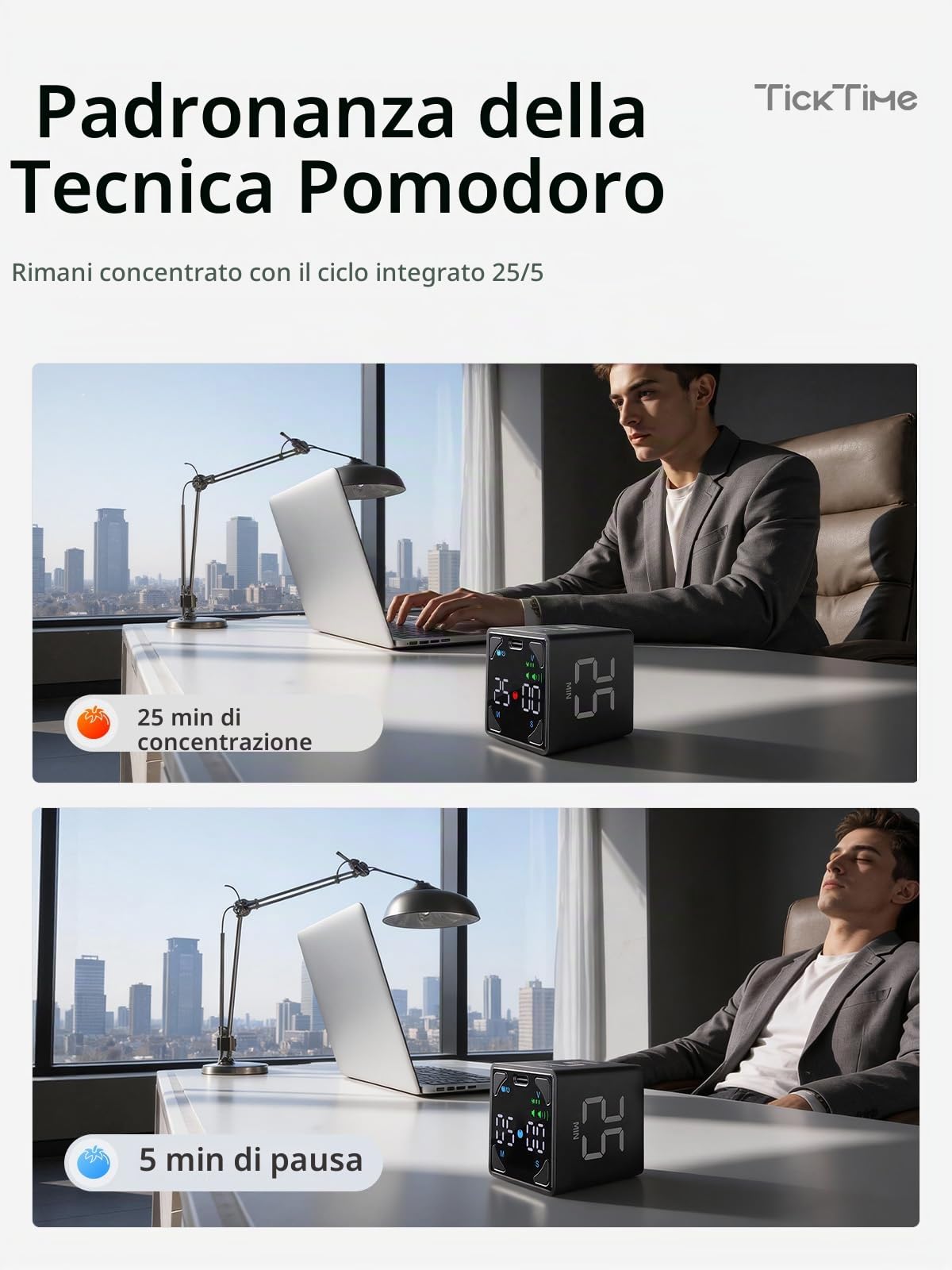 Ticktime T4 Pomodoro Timer Per Studio, Lavoro, Attività, ADHD, Cucina | Timer Pomodoro, Flip 5/25/30/60 min Countdown, Timer e Cronometro, 3 Opzioni Avviso, Display Chiaro, Flip Pausa & Riprendi