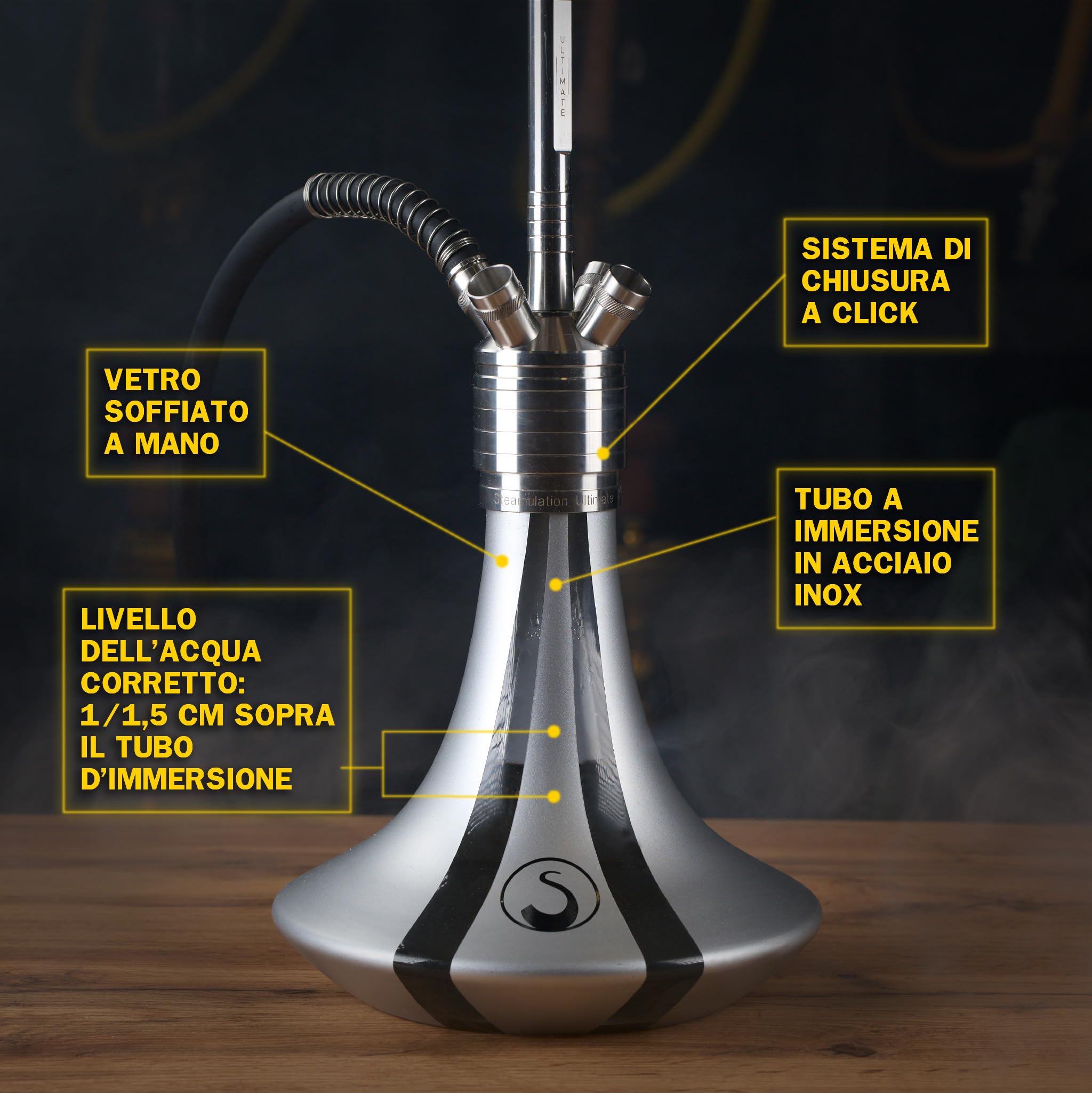 Steamulation Cachimba Ultimate Silver Metallic Gen.I | Shisha de Acero Inoxidable con Manguera de Silicona, Boquilla, Pinza, Cazoleta de Piedra HMD + 1 kg Carbón Cocobration 27 mm