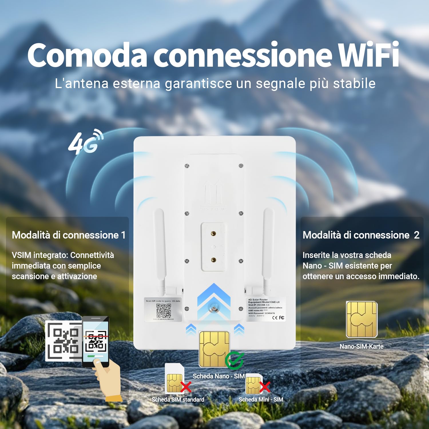 Router solar 4G para exteriores con ranura para tarjeta SIM, banda única, cámara WiFi Surport 8 de 2.4 GHz, panel solar de 15 W, batería integrada de 20000 mAh, IP65 impermeable, solución WiFi al aire