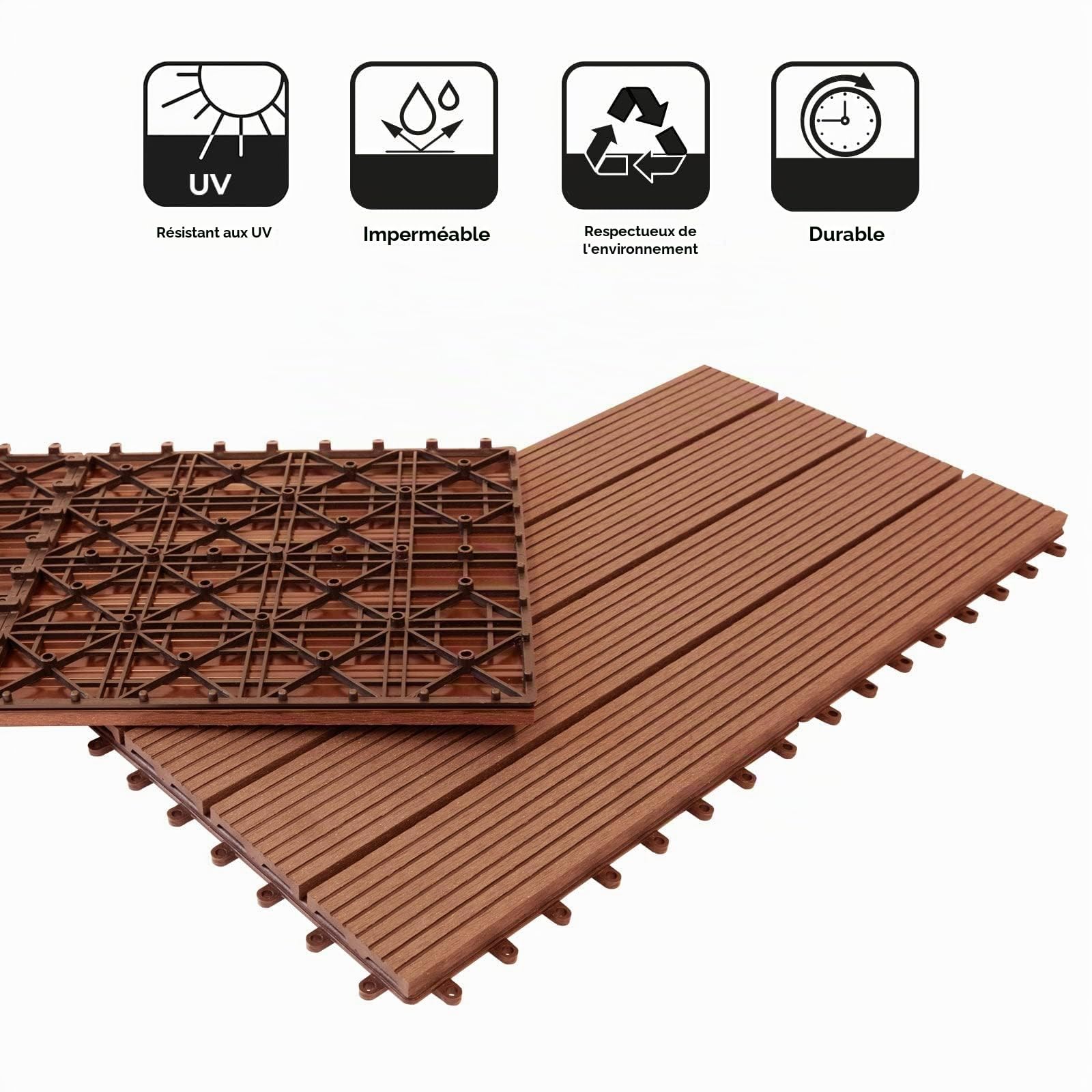 Floordirekt || Royal | Caillebotis Emboîtables | Qualité Supérieure Résistant aux intempéries | Idéales Sol Extérieur, Terrasse, Balcon | 1m² | 60x30cm, Marron Clair