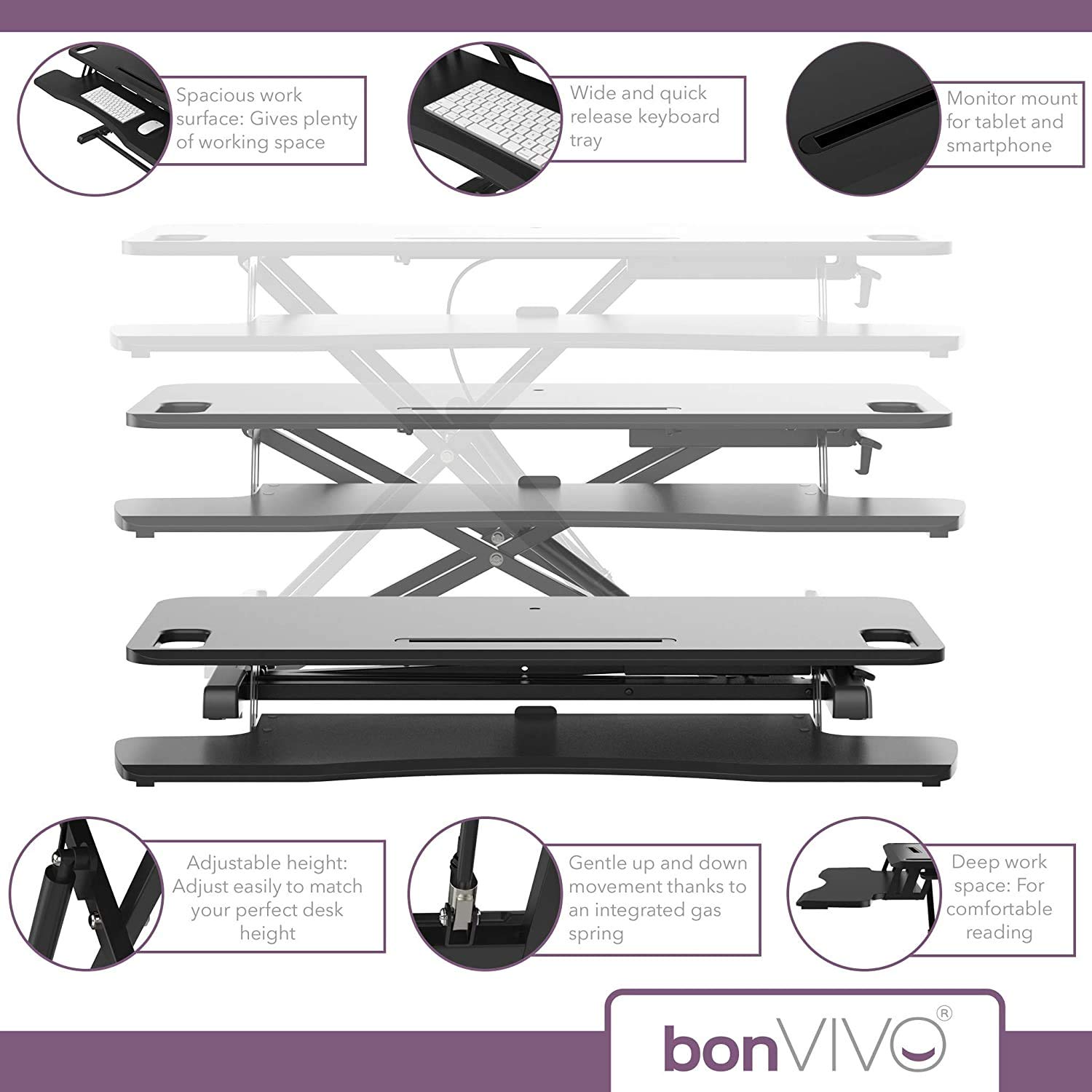 bonVIVO Scrivania Regolabile Altezza Sit Stand per PC e Ufficio | Postazione ergonomica per alternare lavoro seduto e in piedi. Ideale per casa, studio e ufficio.