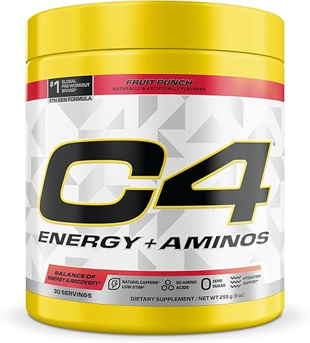 Cellucor C4 Energy + Aminos Powder 0.18 oz de BCAA y EAA para recuperación muscular, 3 electrolitos para hidratación, 100 mg de cafeína natural