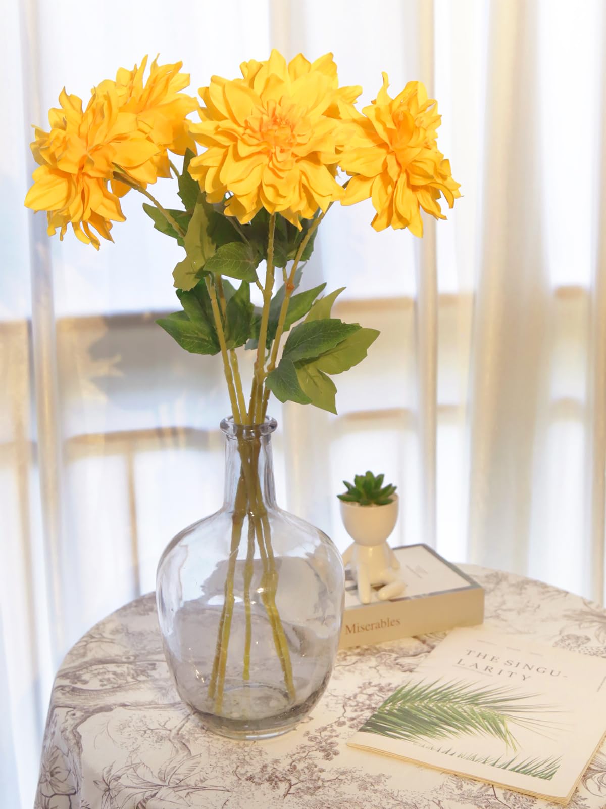Lot de 6 dahlias artificiels jaunes de 60 cm avec tiges pour fête de mariage, centres de table, arrangements et bouquets (jaune)