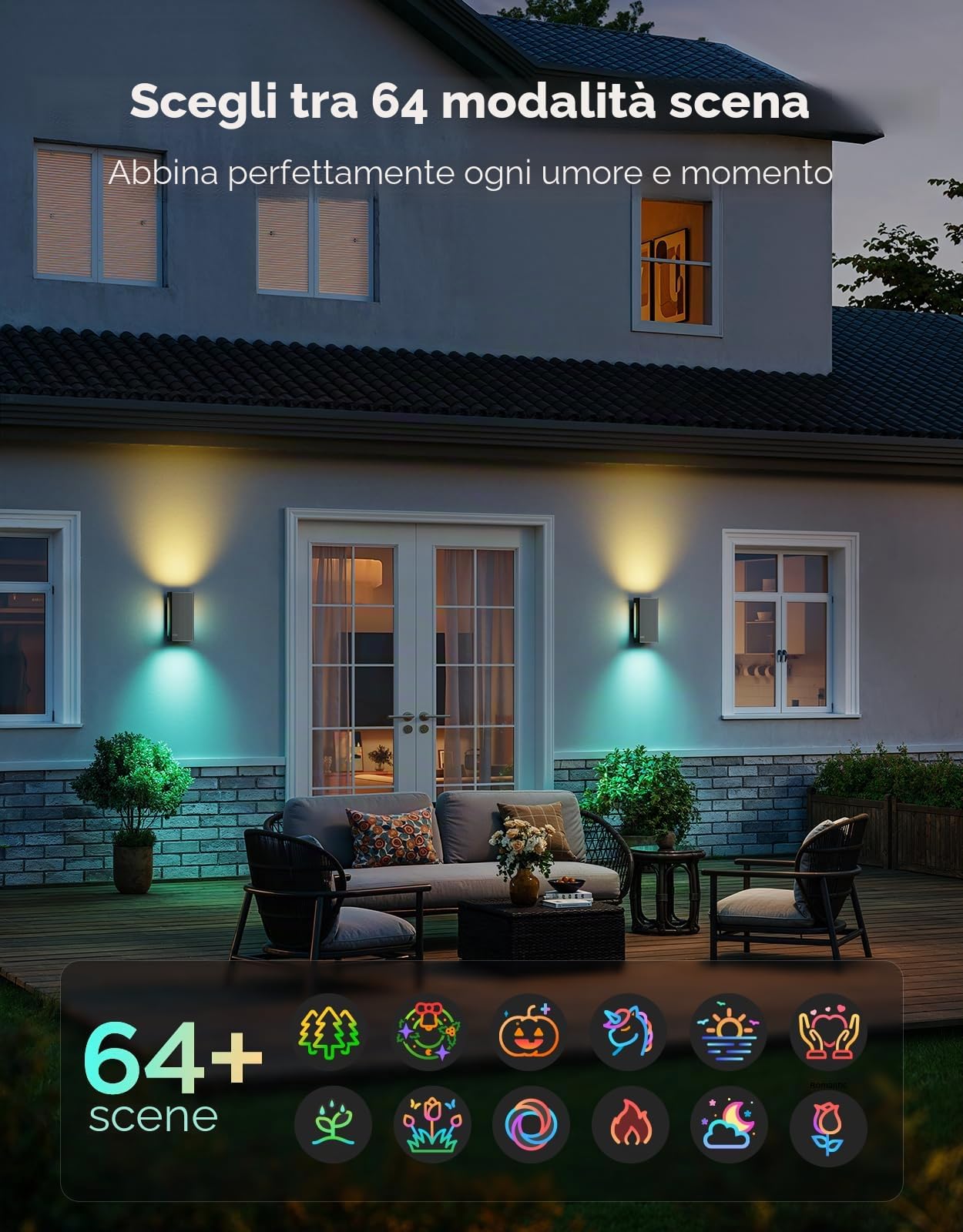Govee Applique da Parete Esterno UpDown, 1400lm RGBICWW, IP66, 2 Pezzi | 2700K–6500K Luci Intelligenti per Portico da Esterno, 64 Scena, DIY, Matter/Alexa/Google, Veranda, Balcone, Terrazza