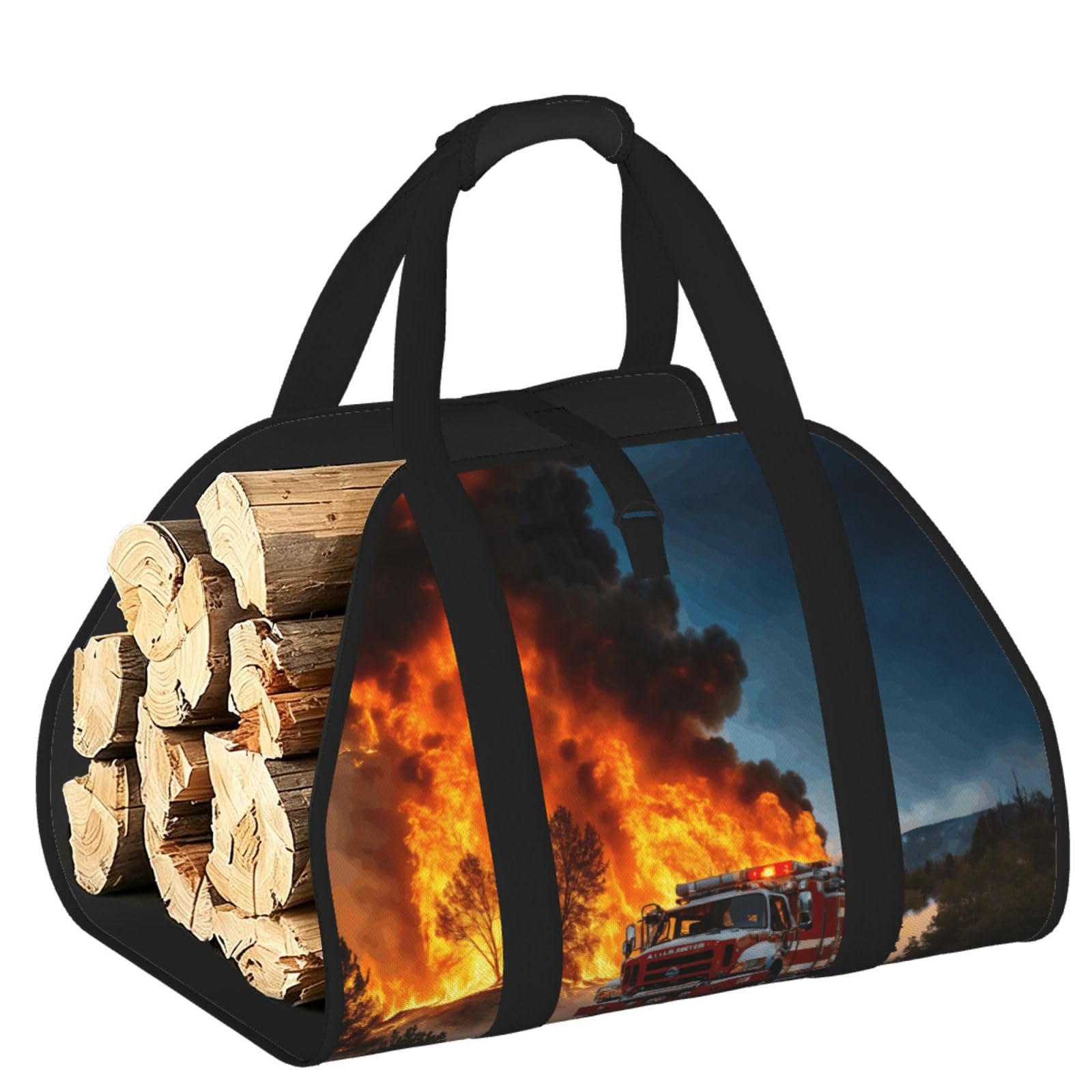 Firefighter Fireman Flame Printed Firewood Carrier Bag, Log Tote with Open-Ended Design for Camping Outdoor Wood Hauling