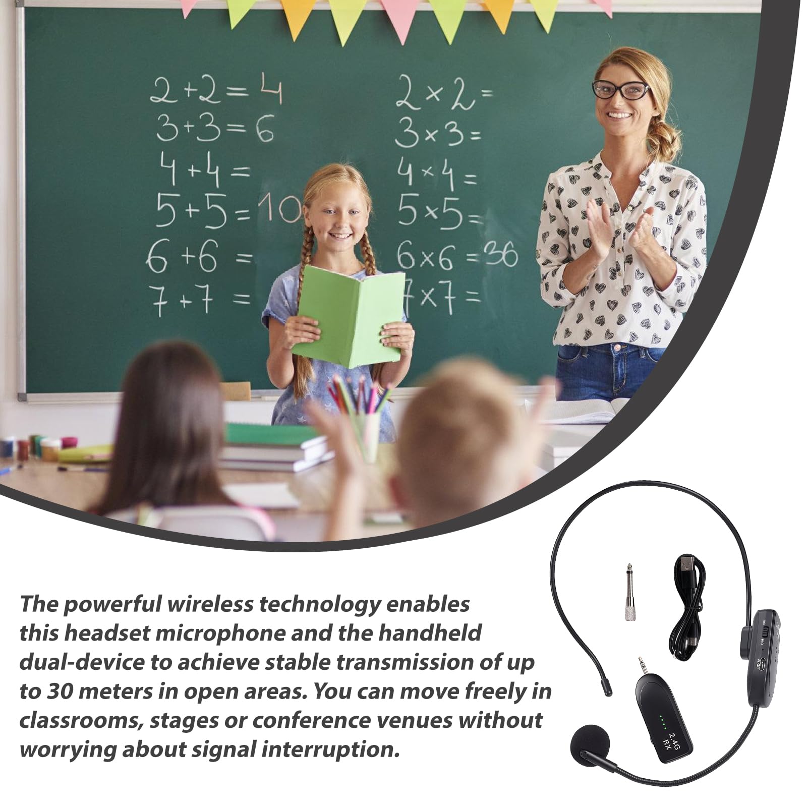 Microfono Wireless Headset: Microfono Wireless Ricaricabile 2,4G UHF, Microfono Senza Fili Headset con Portata di 30M, Microfono da Testa e Palmare 2 in 1 per Insegnamento