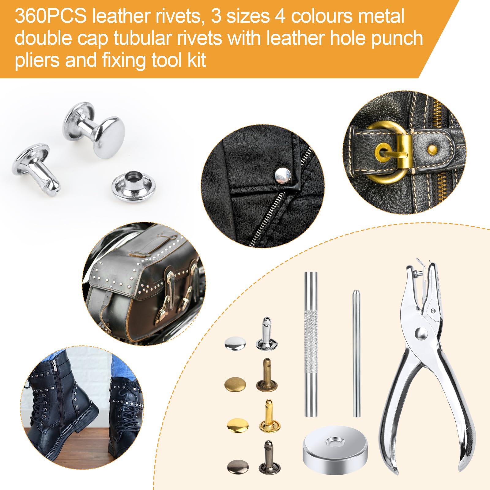 Runyu Set Di 360 Rivetti In Pelle, 4 Colori, Rivetti Cavi, 3 Misure, Borchie In Pelle, Senza Cuciture, Bottoni A Pressione In Metallo, Con Attrezzi Di Fissaggio, Rivet Per Portafoglio In Pelle - Foto 13
