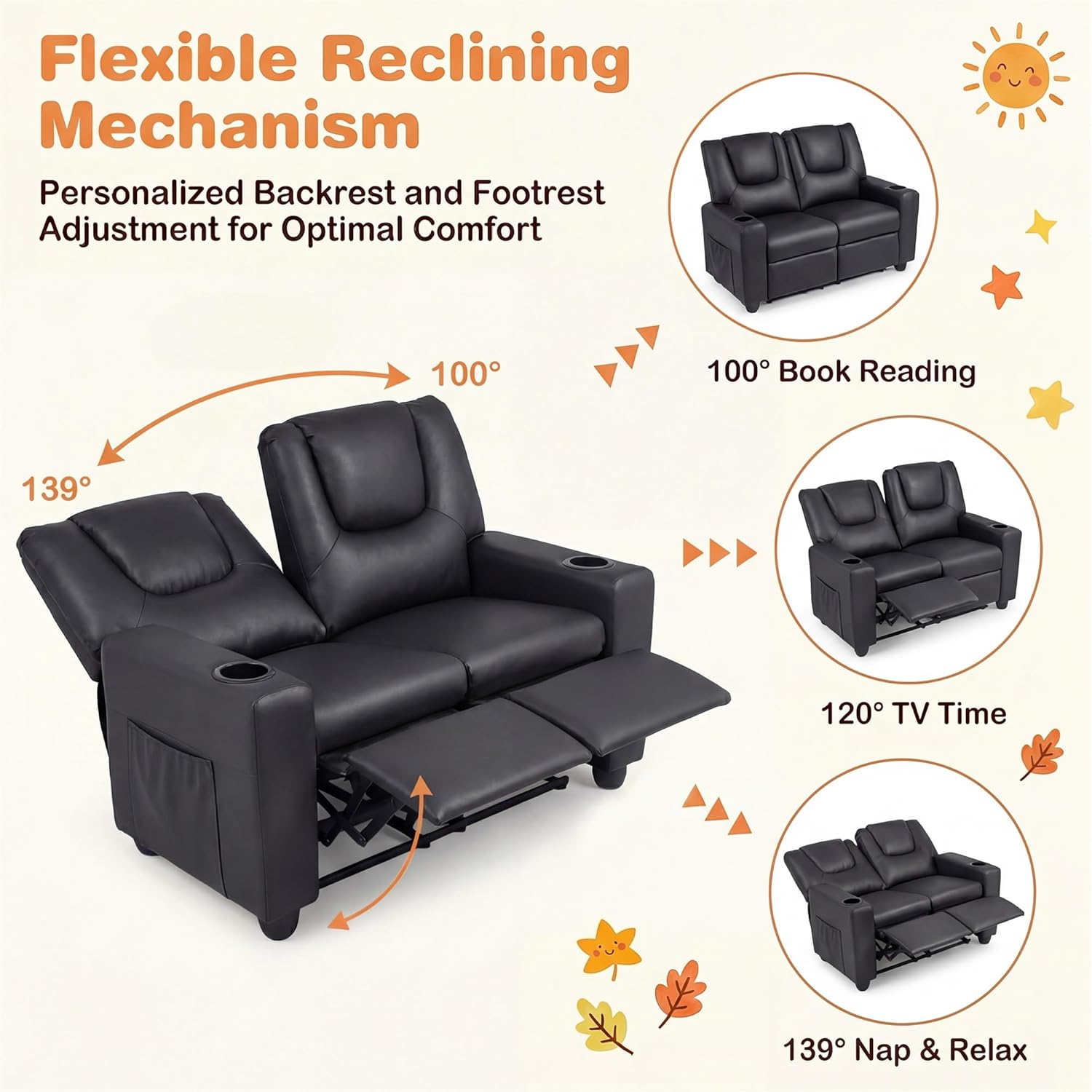 HONEY JOY 2-Seater Kids Recliner, Double Toddler Loveseat Sofa w/2 Cup Holders, 2 Side Pockets, Adjustable Backrest & Footrest, PU Leather Children Couch for Boys Girls Age 3+ (Black)