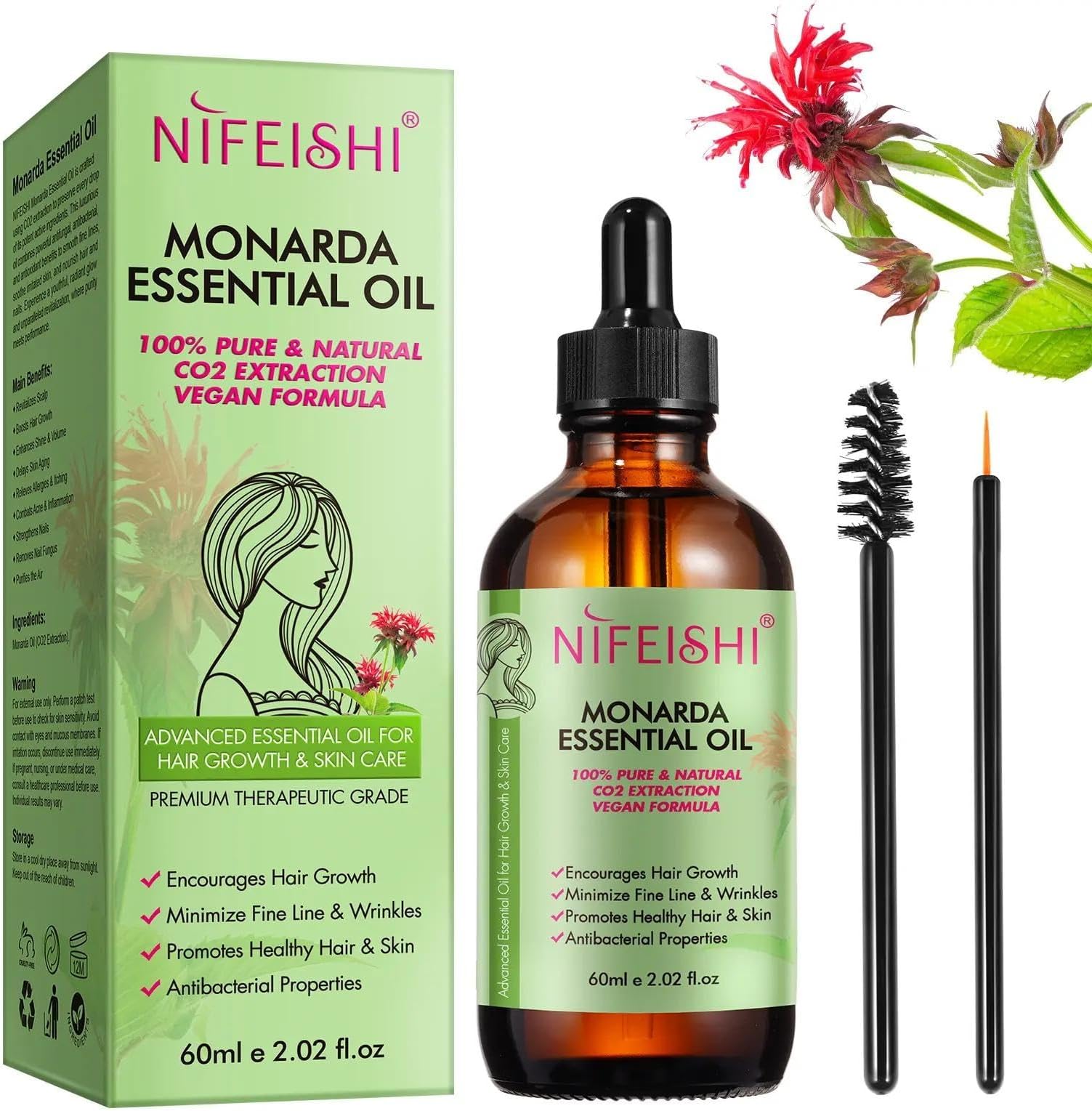 NIKITA.VIVI Monarda Essential Oil for Hair Growth 60ml, 100% Pure Natural Co2 Extraction Monarda Oil for Hair Growth & Skin, Reduce Fine Lines & Wrinkles, Hair Eyelash Eyebrow Growth & Antibacterial