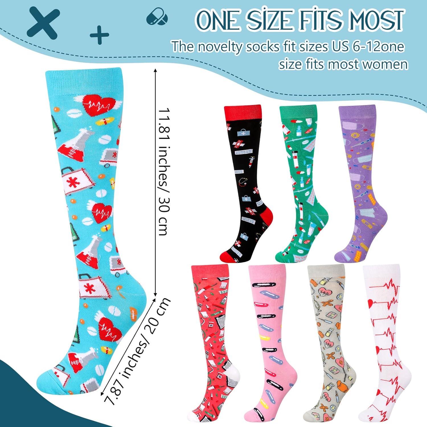 Toulite 8 Pairs Nursing Socks Nurse Gifts for Women Girls Knee High Calf Nurses Socks Nurse Accessories for Support Athletics Travel Running, 8 Styles - Image 3