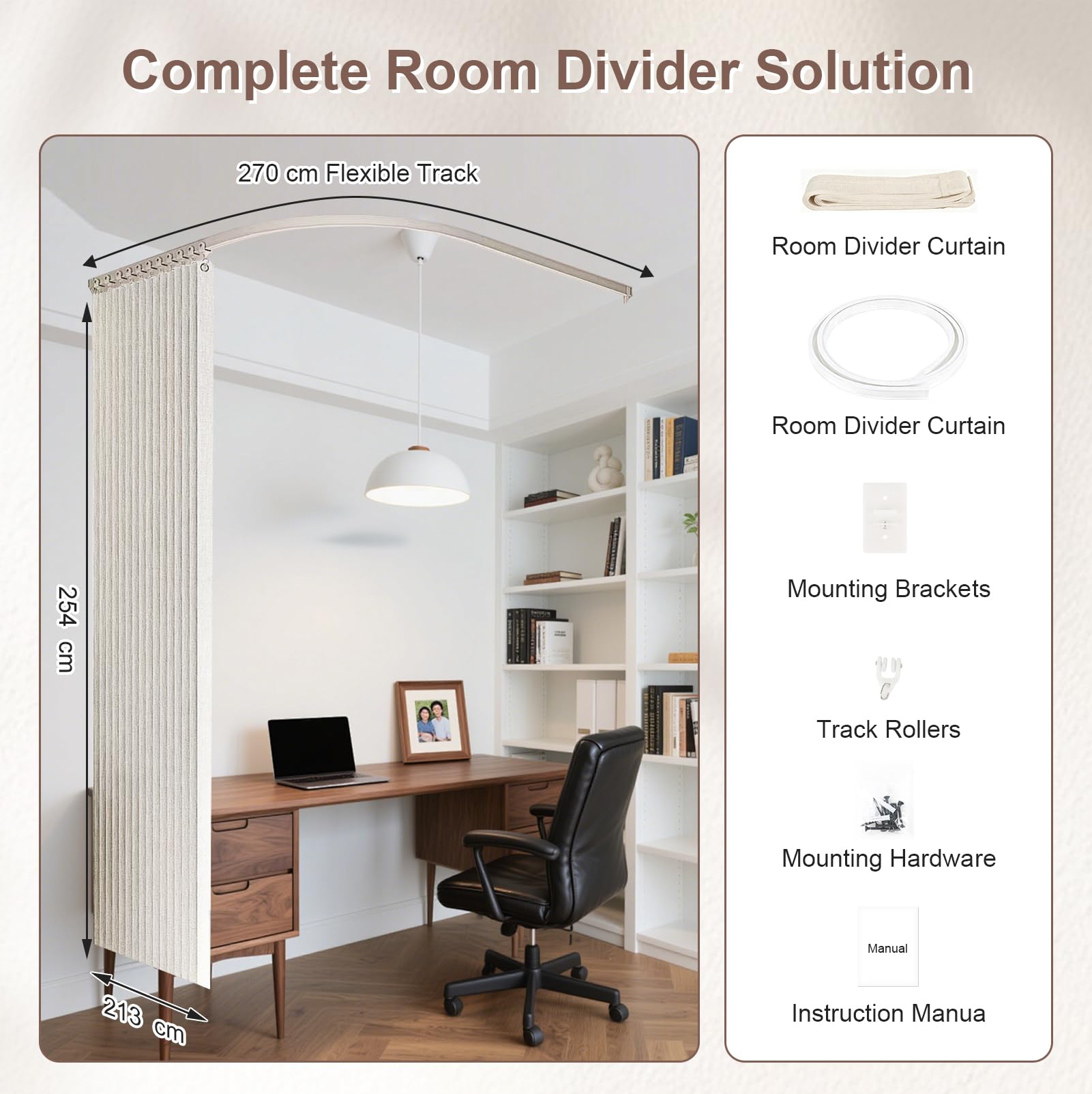 Rideau Séparation Pièce avec Rail Flexible 270cm, Séparateur de Pièce Beige | Séparez Facilement Votre Espace avec Rail Plafond Flexible, Rideau 254x213cm, pour Chambre, Salon, Bureau et Dressing