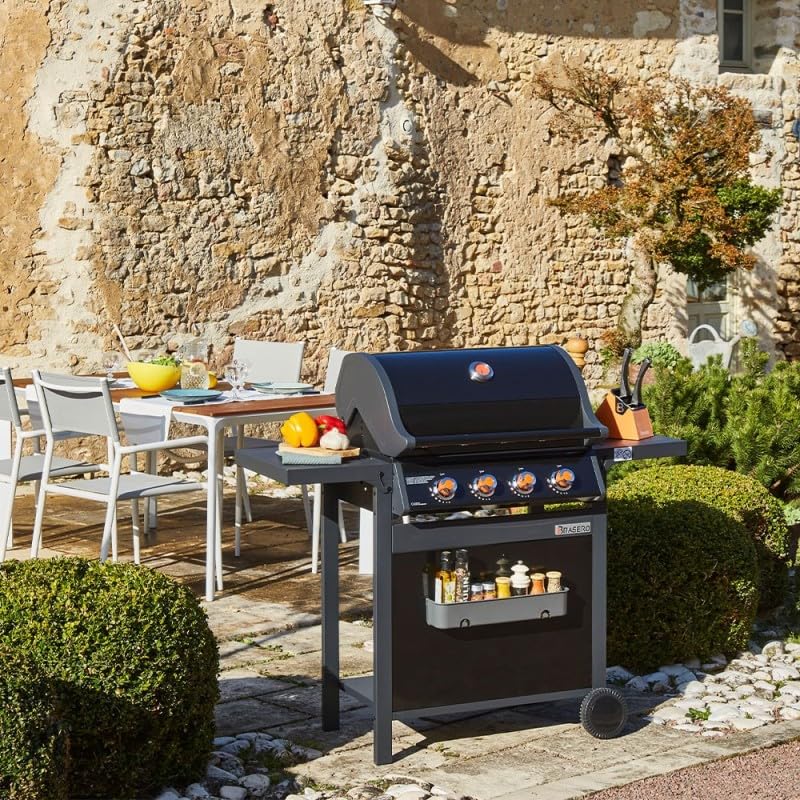 BRASERO BY FAVEX – Barbecue gaz Spring II 4 brûleurs – Surface mixte grille & plancha fonte – 12,6 kW – EASY CLEAN – Tablettes rabattables - Jusqu'à 12 convives - Noir
