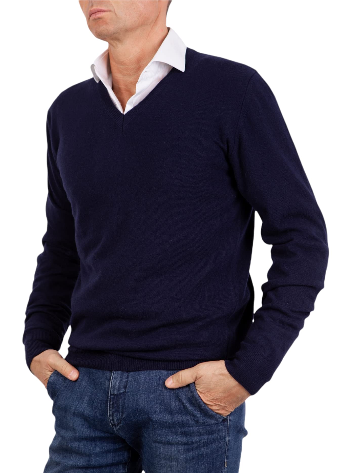 Herren Pullover mit V-Ausschnitt aus Kaschmirmischung und Seide, Made in Italy, Langarm