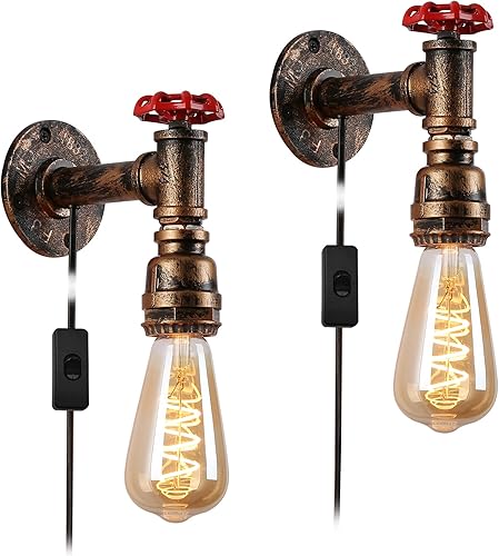Juego de 2 lámparas de pared industriales con cable enchufable para iluminación de noche de dormitorio, cepillo de latón, tubo de agua dorado,