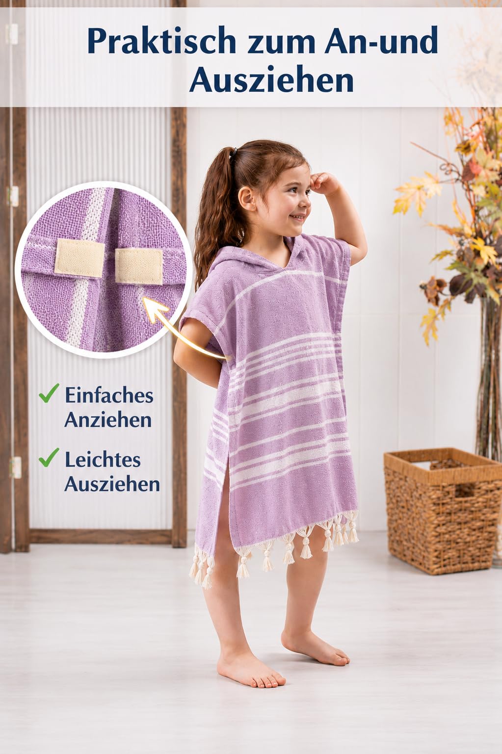ELY PARKER Strandponcho für Kinder - 100% Baumwolle Strandtuch & Strandkleid - Saugstarkes Badeponcho für Mädchen & Jungen - Schnelltrocknend Lila