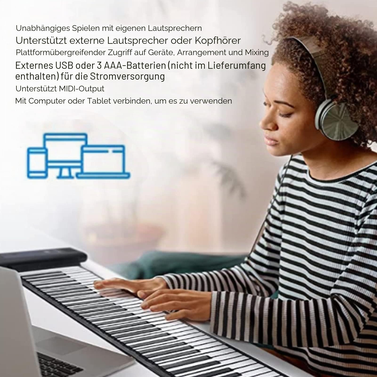 VBESTLIFE Roll-Up-Piano, 49 Tasten, Tragbares Elektronisches Klavier, 4D-Surround-Sound, Elektronisches Hand-Roll-Piano, für Anfänger, Erwachsene(PM49)
