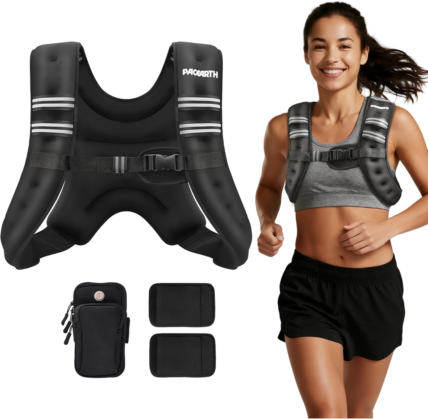 PACEARTH Weighted Vest,6lb/8lb/10lb/12lb/16lb/20lb/25lb/30lb Weight Vest with Reflective Stripe, Body Weight Vests for Women, Men, Weight Loss Workout, Strength Training, Running, Walking, Jogging 10 LB Black