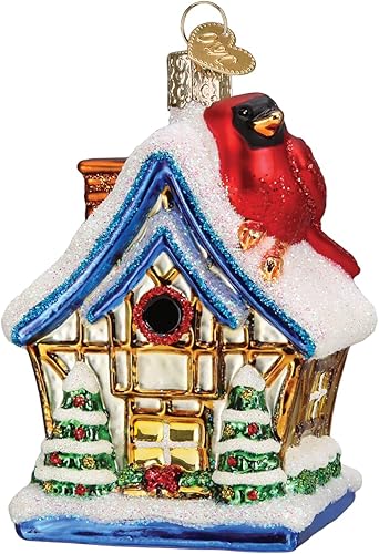 Old World Christmas Cardinal Birdhouse - Adorno de cristal soplado para árbol de Navidad