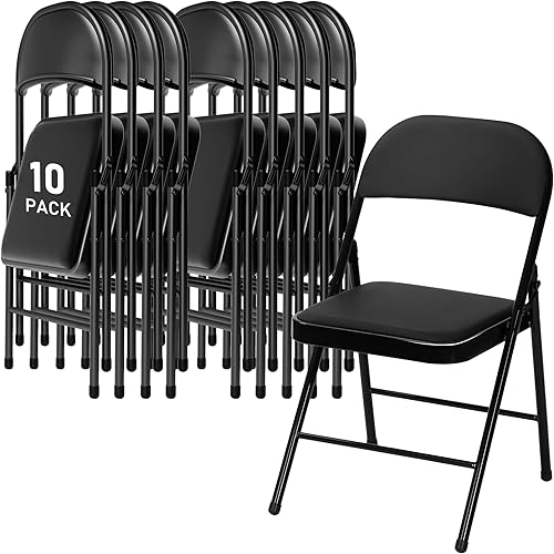 SEALAMB Paquete de 10 sillas plegables negras con asientos acolchados y cojín, sillas plegables de metal duradero para bodas, sillas comerciales