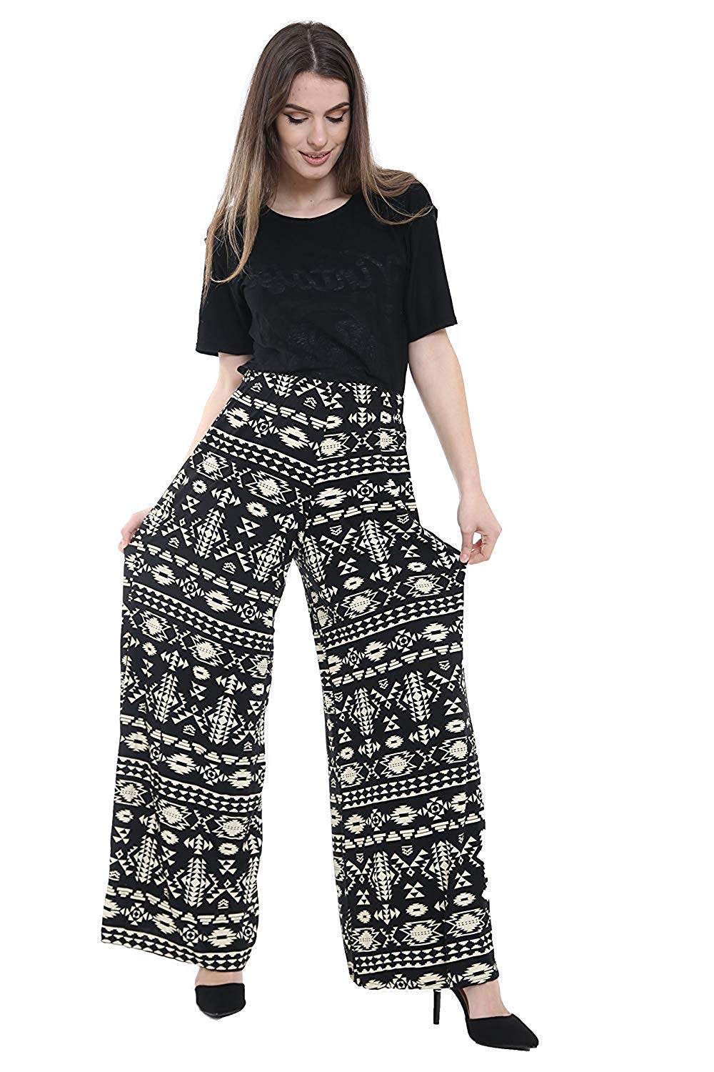 WearAll Plus Size Womens Plain Palazzo Wide Leg Flared Ladies Printed Trousers Pants