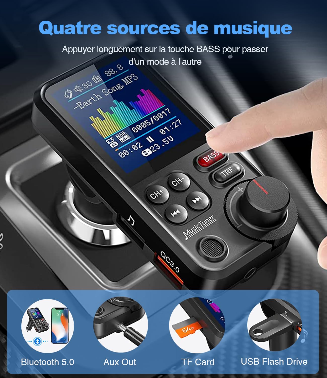 Bluetooth Samochodowy nadajnik FM, zapalniczka samochodowa Bluetooth Muzyka radia samochodowego, wsparcie MP3 adapter odtwarzacza, zestaw głośnomówiący, Spotify, USB podróży ładowarka, wyświetlacz HD,
