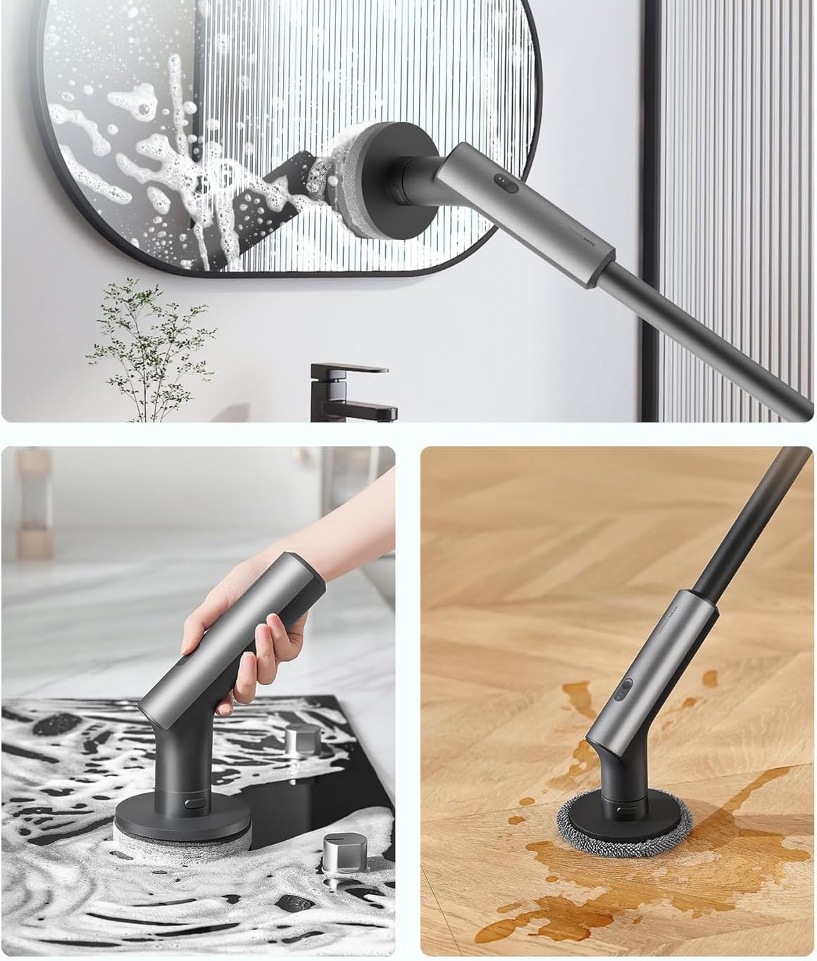 Cepillo de limpieza eléctrico giratorio inalámbrico HOTO, 6 puntas intercambiables, IPX7, 2 velocidades 220-300 TR/Min, mango telescópico 37-51 pulgadas