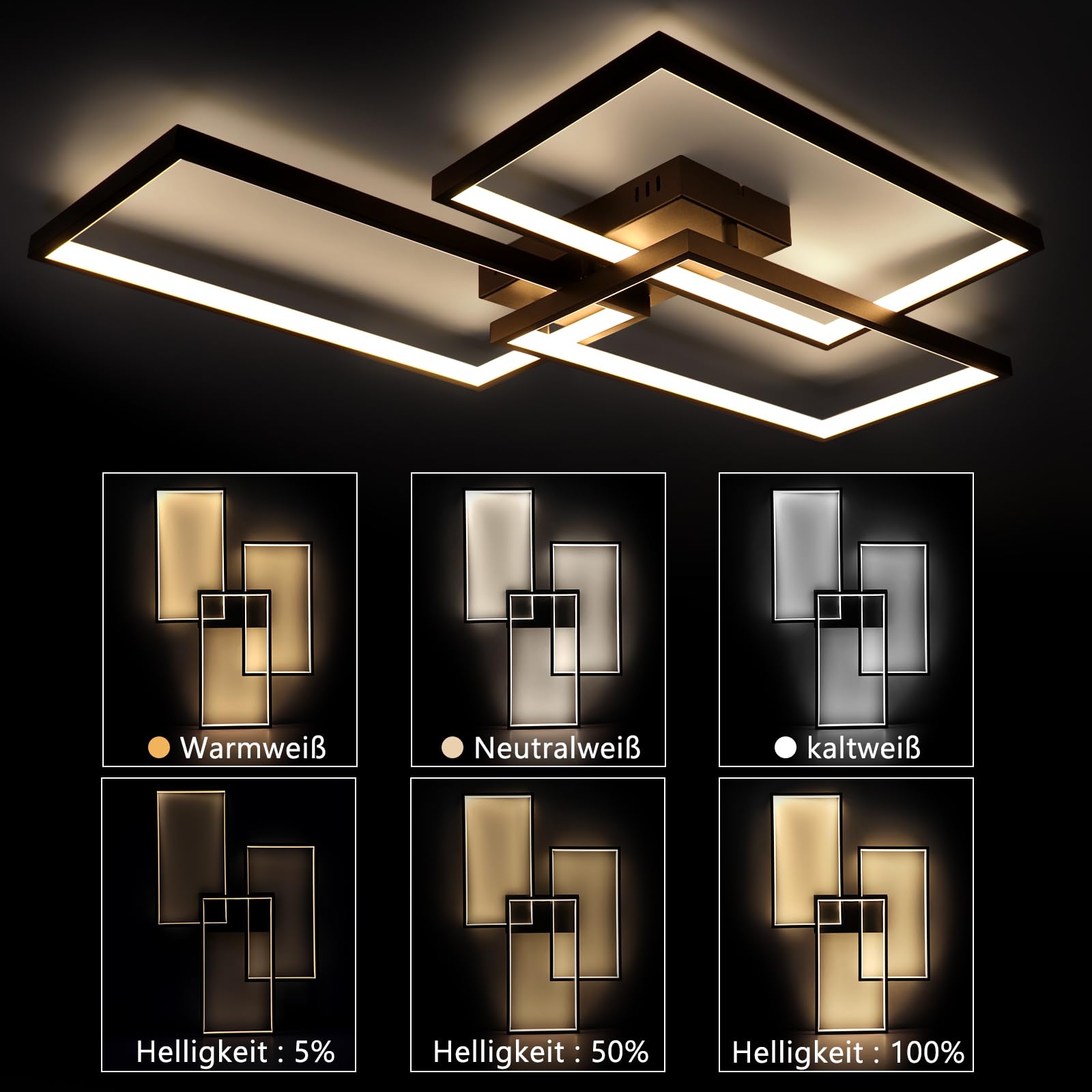 CBJKTX Nowoczesna lampa sufitowa do salonu, 80 cm, czarna lampa sufitowa LED, możliwość ściemniania, 74 W, z pilotem, metaliczna konstrukcja, do pokoju dziecięcego, biura