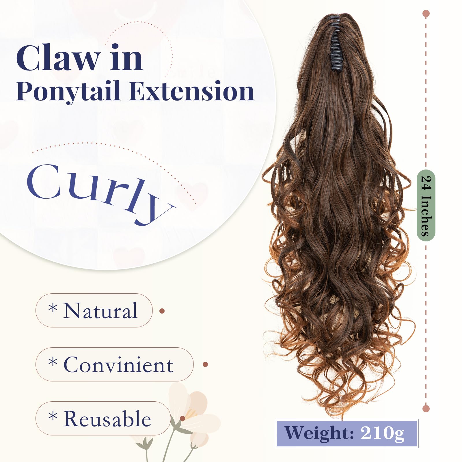 TESS 24'' Curly Ponytail Extensions, 210g Claw in Long Ponytail Extension, Hair Pieces for Women Auburn to Light Auburn - Image 2