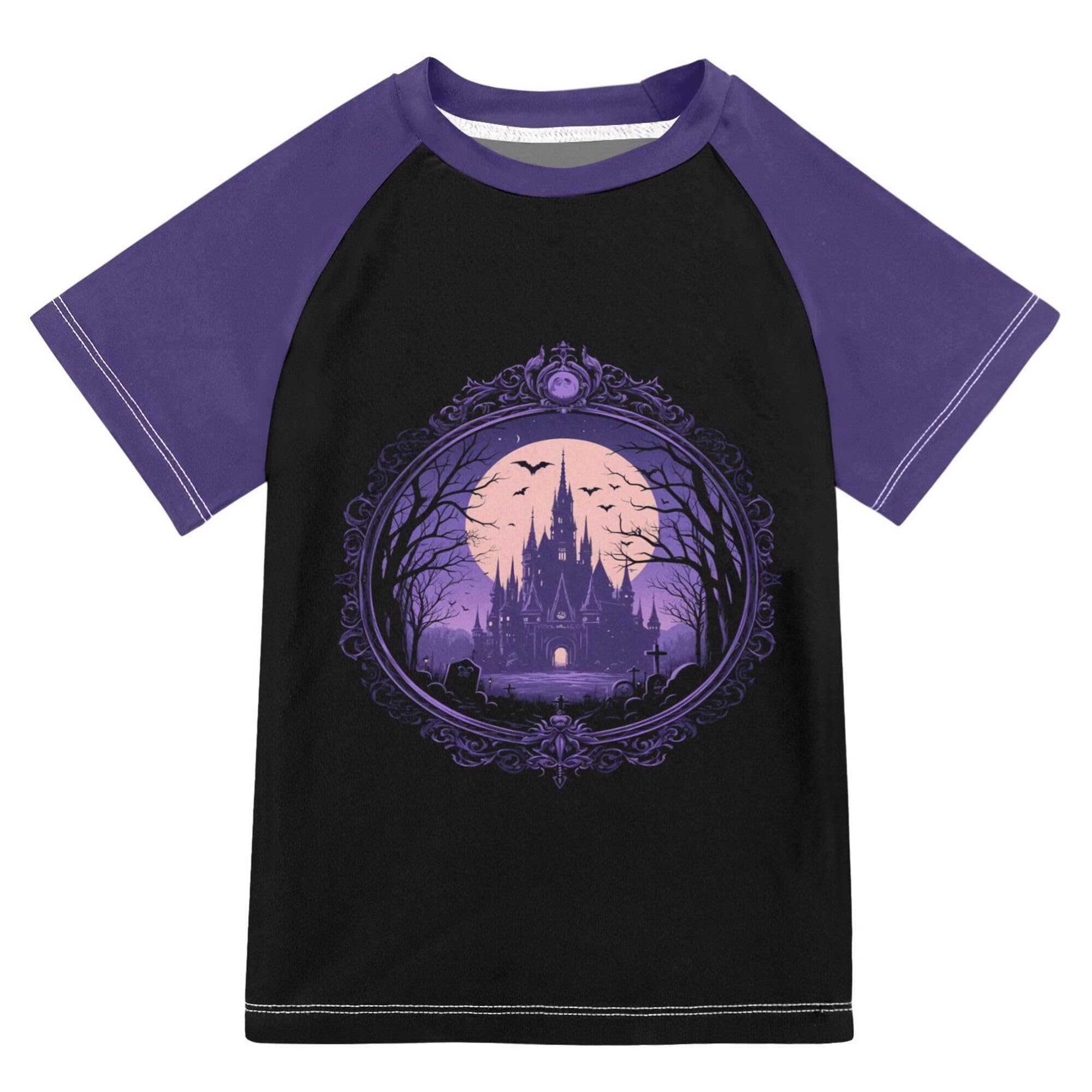 Wudan Halloween Goth Castle Purple Girl Bathing Suit Short Sleeves Rash Guard Swimsuit Swimwears Active Shirts for Little Boys 9-10Y