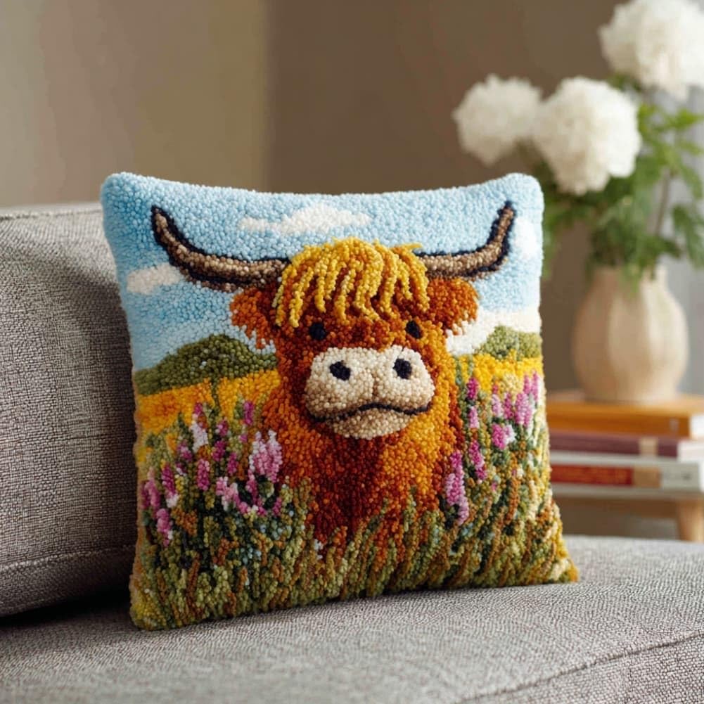 Taxpy DIY Latch Hook Pillow Kit Pre-Printed Hook and Latch Rug Kits Highland Cattle 17X17 Inch.Cross-Stitch Embroidery Cushion Cover for Home Sofa Decoration