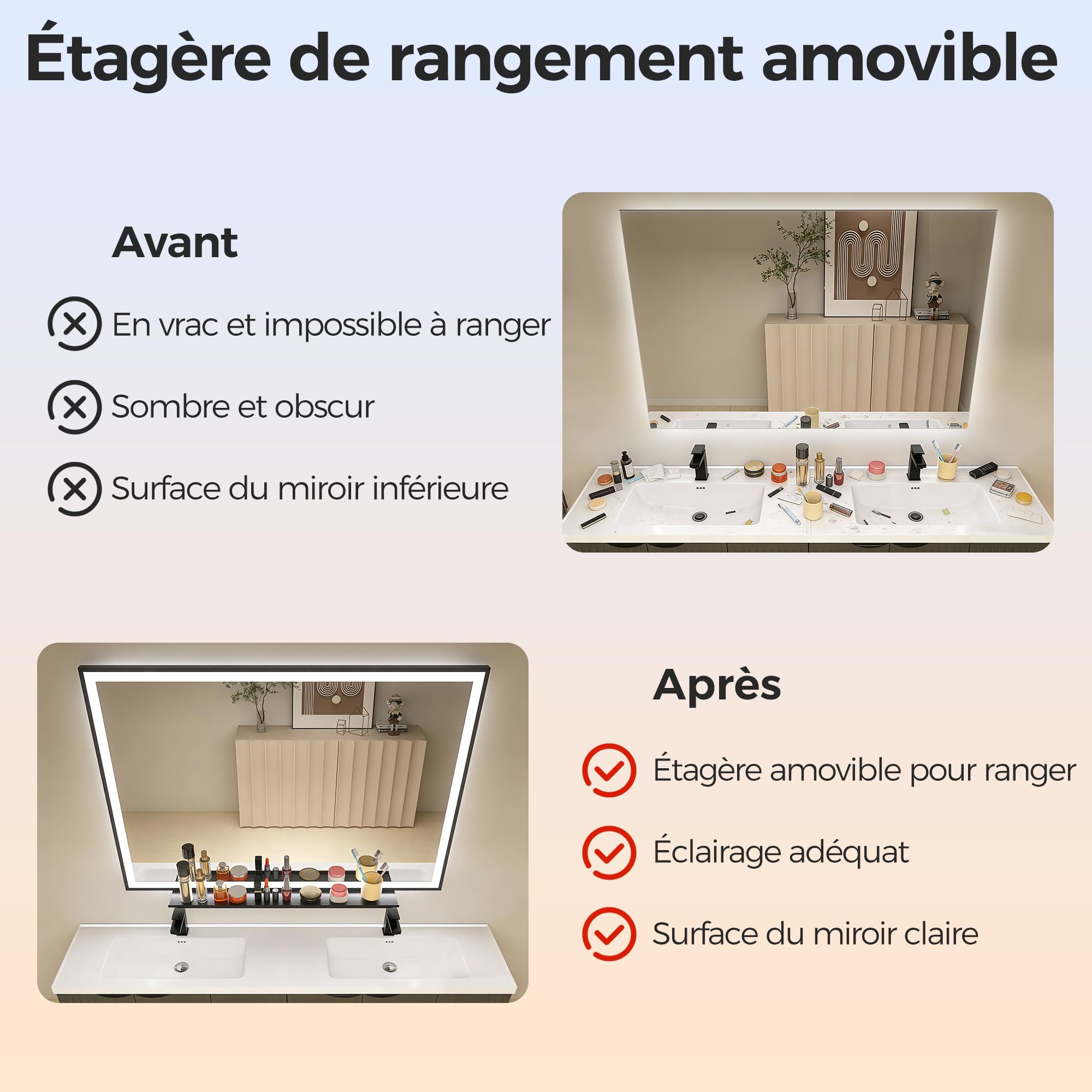 STARLEAD 120x90cm Miroir-Salle-de-Bain-avec-Eclairage-et-Tablette, Cadre en Aluminium Noir, Anti-Buée Miroir-LED-Salle-de-Bain, 3 Couleurs Réglables, Verre Trempé, IP44, Horizontal/Vertical