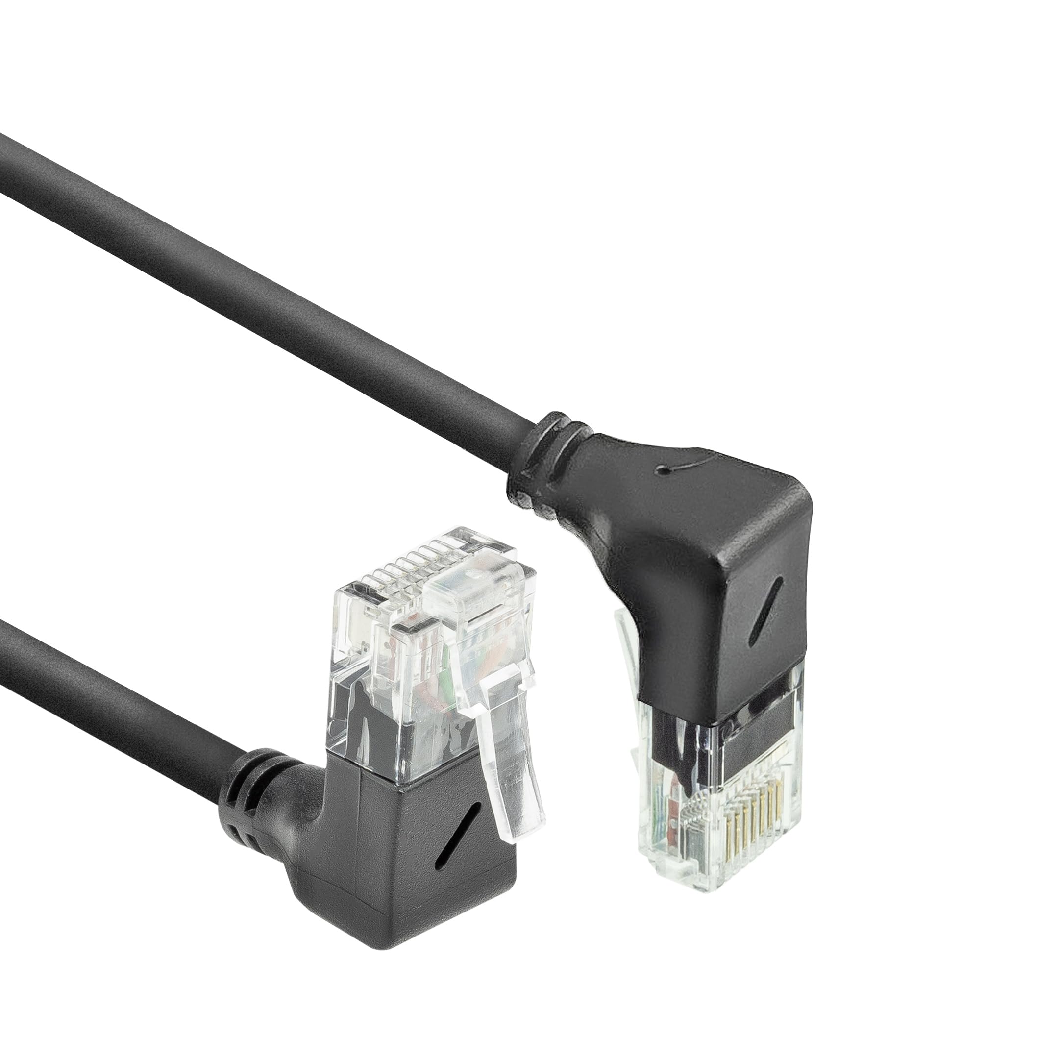 ACT CAT6A Netzwerkkabel 90° gewinkelt, U/UTP LSZH LAN Kabel Dünn 3.6mm Slimline, Flexibles Ethernet Kabel mit RJ45 Stecker, für den Einsatz in Datenzentren, 0.15 Meter, unten nach oben DC7930