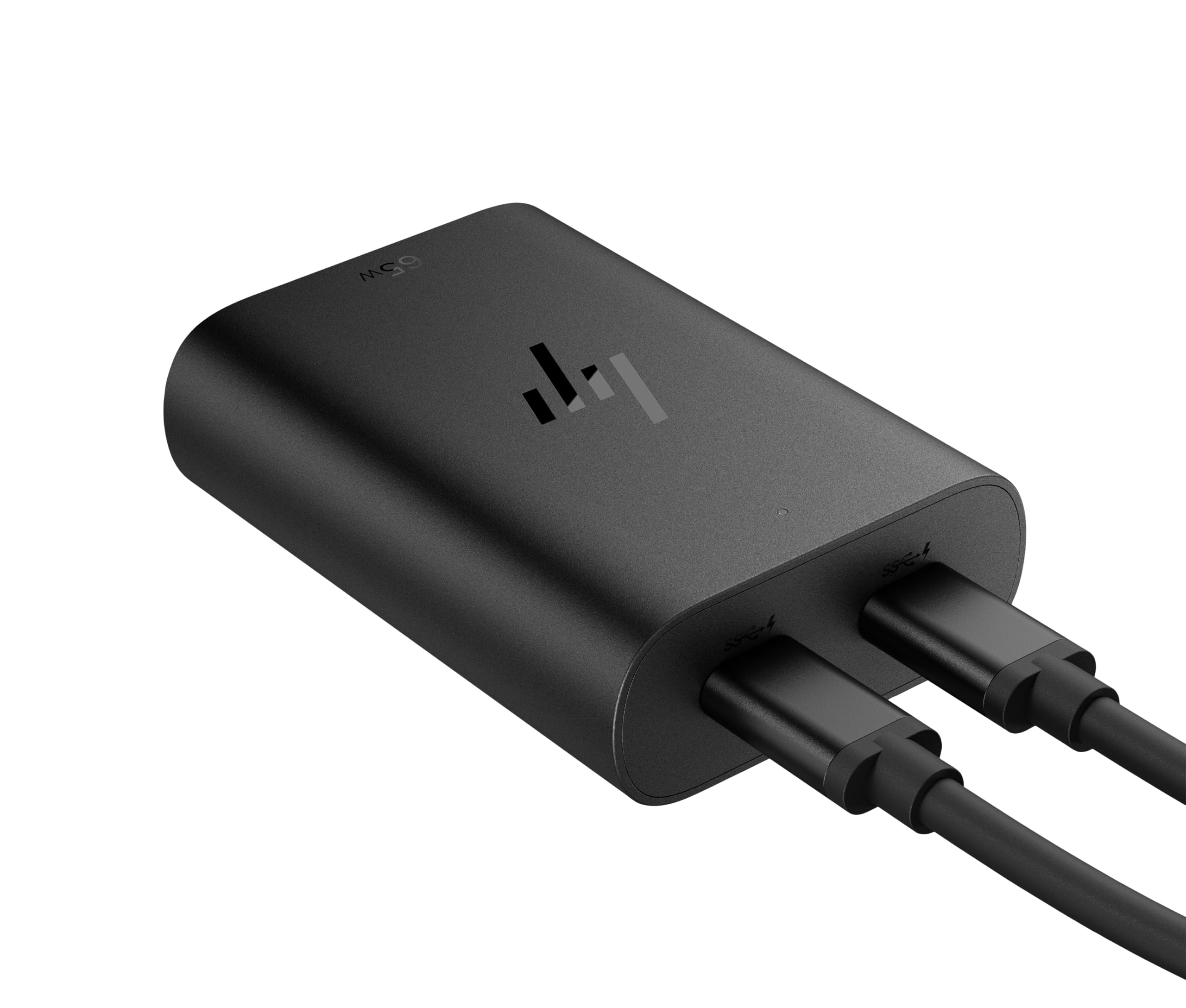 HP 65W GaN USB‑C Laptop Ladegerät – Kompakt, Schnellladefunktion, 2 USB‑C Ports, universelle Kompatibilität, 30 % recycelter Kunststoff, 75×53×22 mm, 85 g, Schwarz
