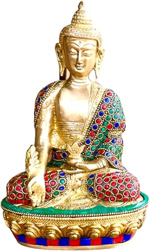 QT S Medicine Buddha - Estatua de latón con acabado de piedra de 9 pulgadas, ídolo para meditación y protección de la paz, hecha a mano en Nepal, 198
