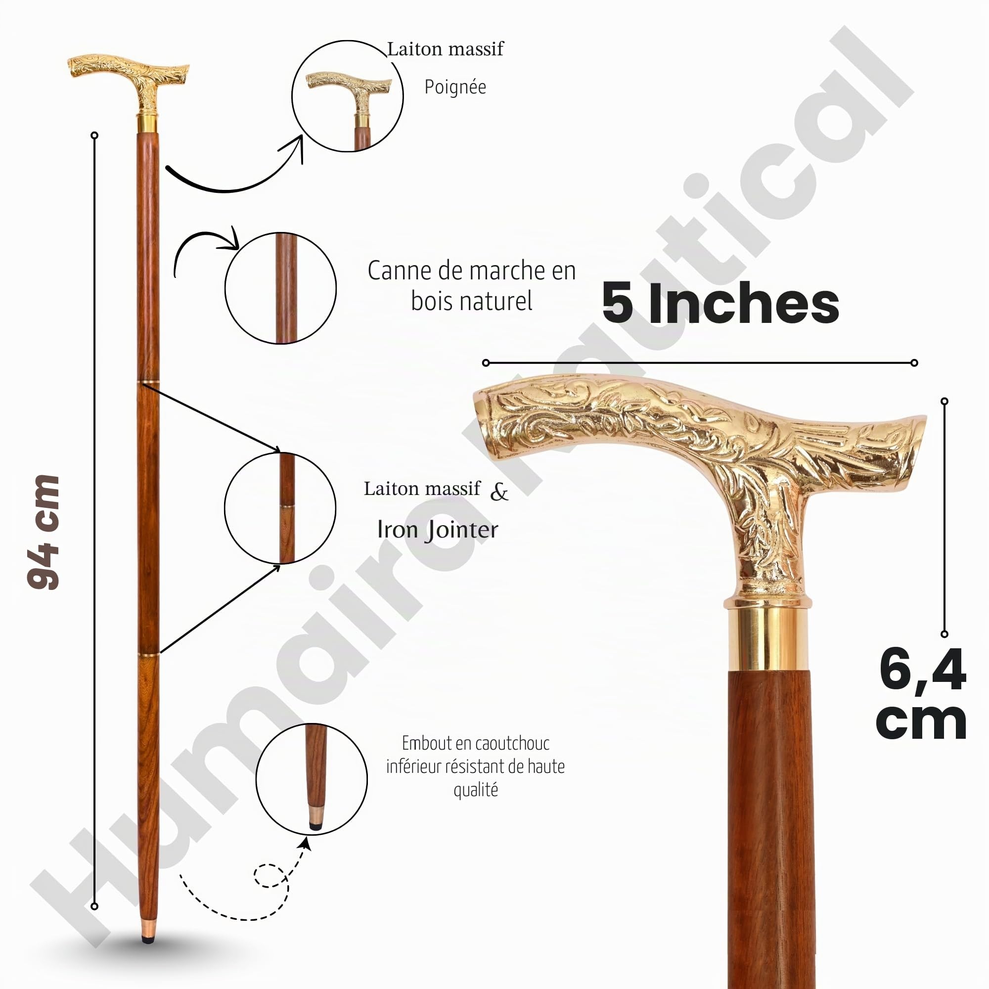 Canne de marche en laiton vintage – Canne en bois faite à la main avec poignée en laiton massif – Canne de marche de style antique à collectionner pour hommes, femmes et seniors – Idée cadeau unique